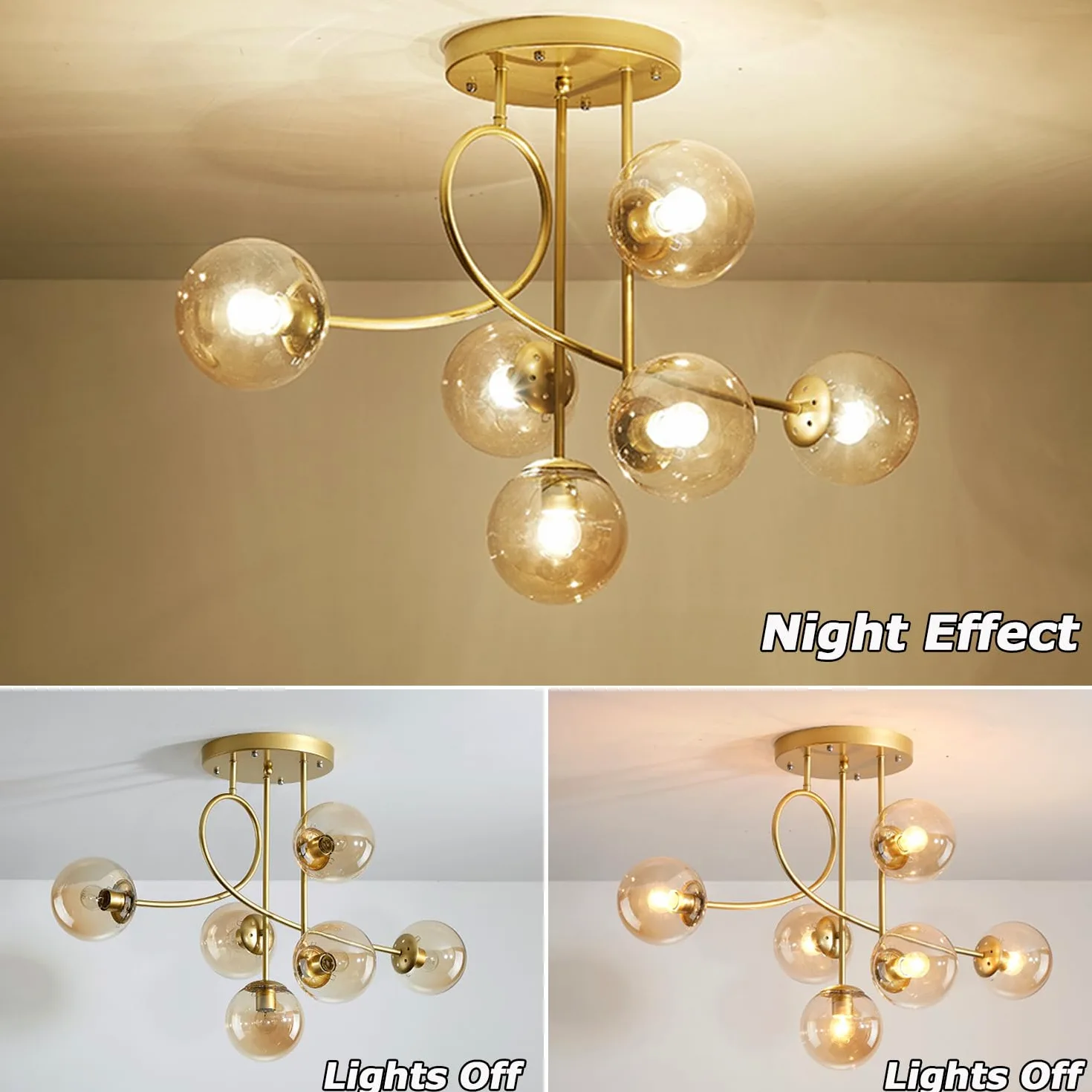 Lampadario moderno a soffitto E27 a 6 luci, lampadario a sospensione vintage in metallo con sfera di vetro E27 per camera da letto, soggiorno, cucina, loft, diametro 90 cm