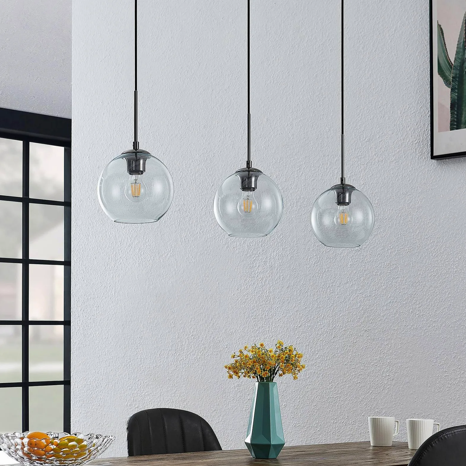 Lindby Lampadario a Sospensione 3 Sfere in Vetro 110 cm, Lampada Pendente Antracite Industrial Vintage 3x E27 Cucina Sala da Pranzo Soggiorno