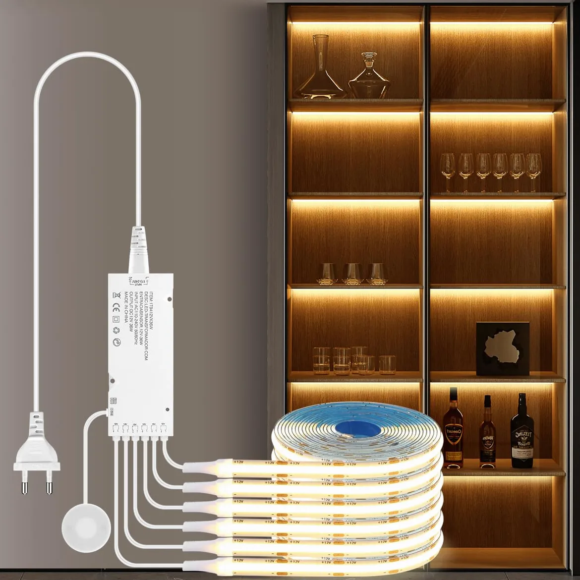 Luce LED per armadio COB 6 in 1 dimmerabile con controllo touch, ideale per cucine, guardaroba, cantinette e scaffali - Luci frontali (luce calda, 1M)