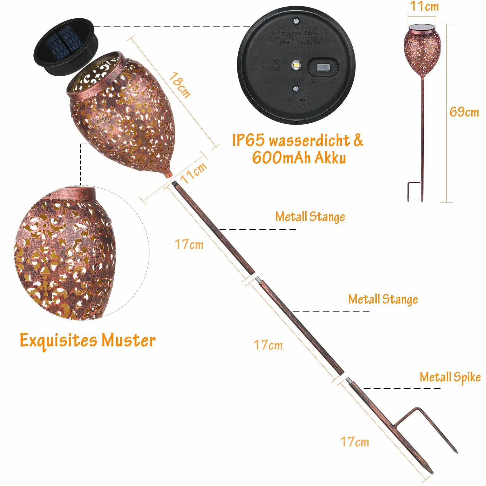 JOYCREATOR Lampade solari in metallo per esterni da giardino, 6 pezzi, luci solari per esterni, IP65, impermeabili, vintage, da giardino, a energia solare, regolabile in altezza, con picchetto per