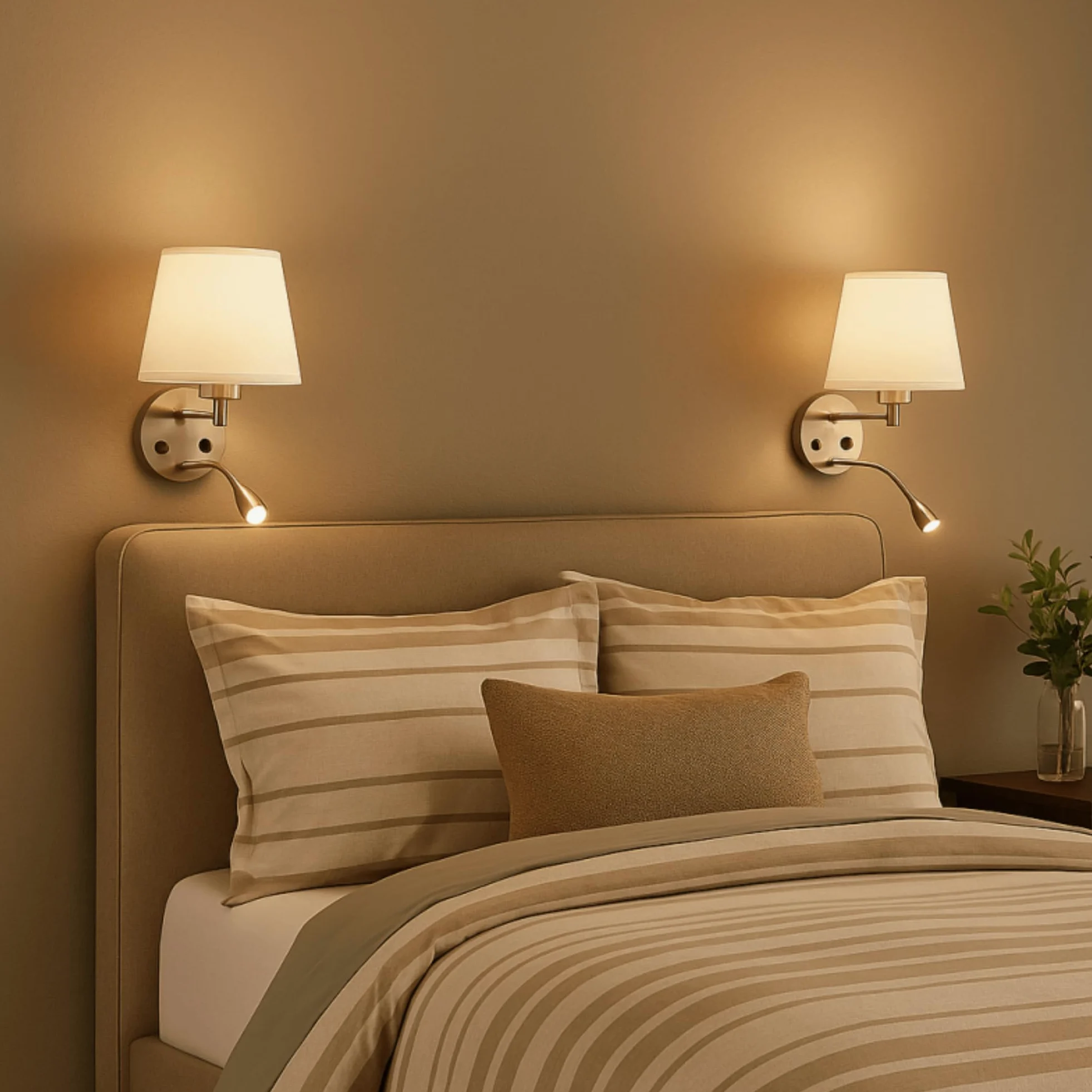 BarcelonaLed - Applique da parete E27 con faretto di lettura orientabile flessibile da 1 W, paralume in tessuto bianco, con 2 interruttore, per camera da letto, testiera del letto, comodino, salotto