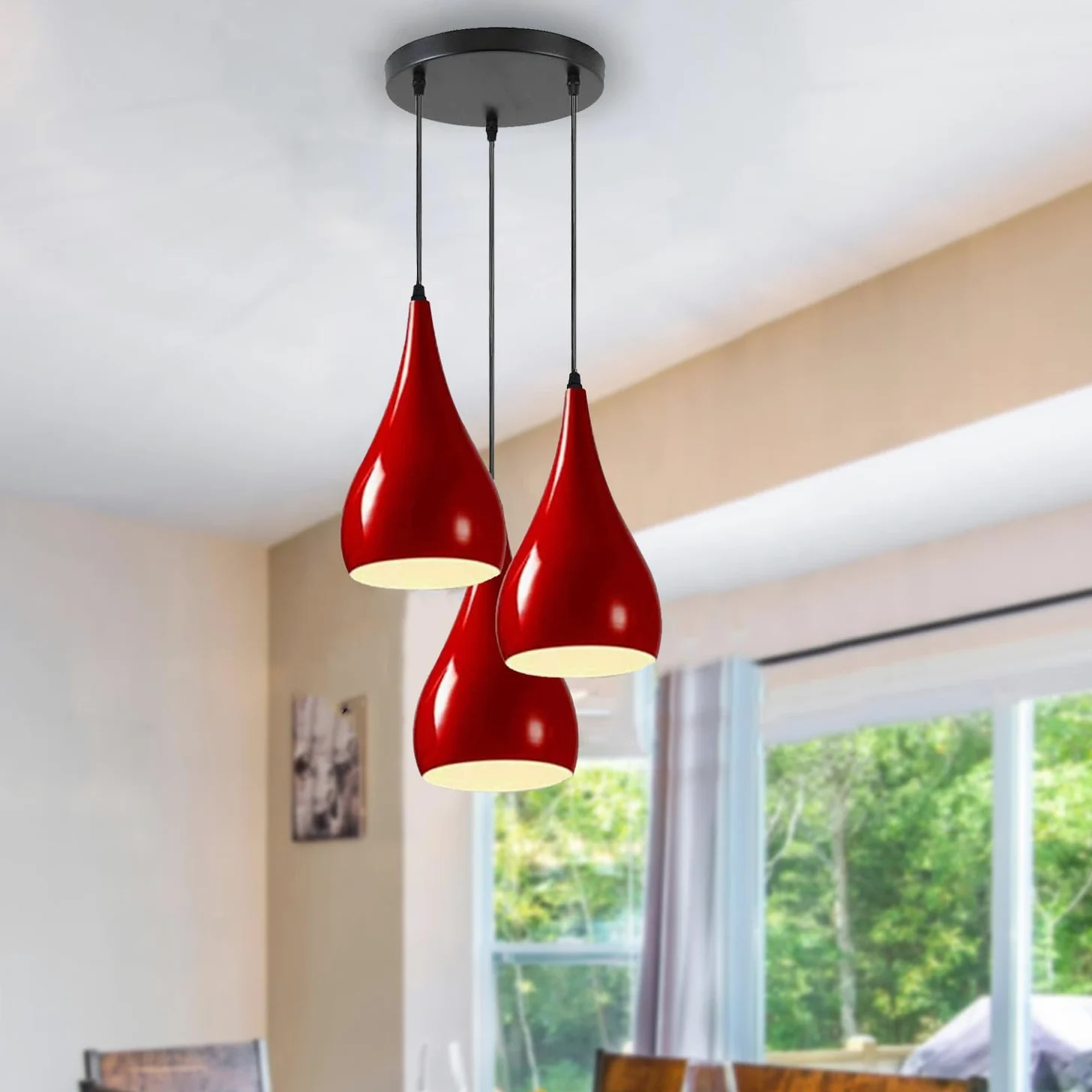 LEDSone Lampadario a sospensione a 3 teste, moderno in metallo a goccia a goccia, lampada a sospensione a grappolo con attacco E27 per soggiorn (Rosso)