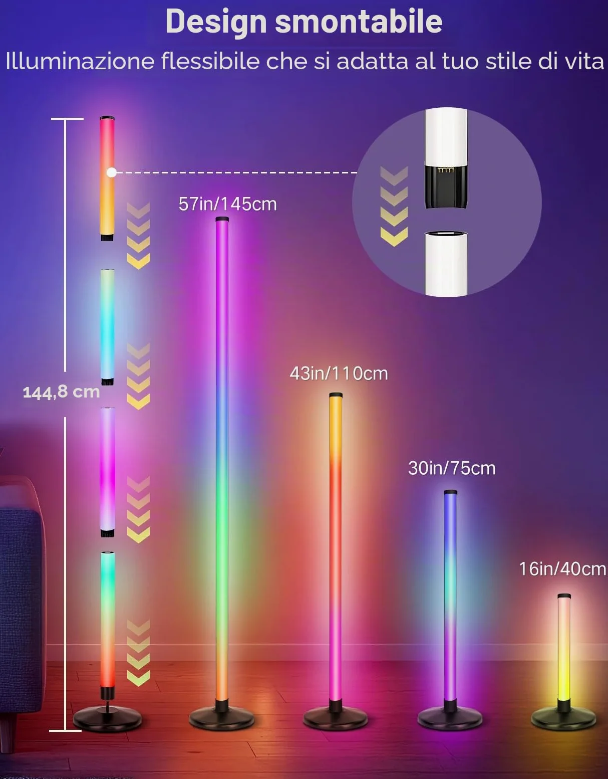 OUTON Lampada da Terra LED 2-Pezzi, RGBIC Dimmerabile Piantana con Telecomando e Controllo APP, 16 Milioni di Colori, Sincronizzazione Musicale, Timer, per Soggiorno, Camera, Giochi