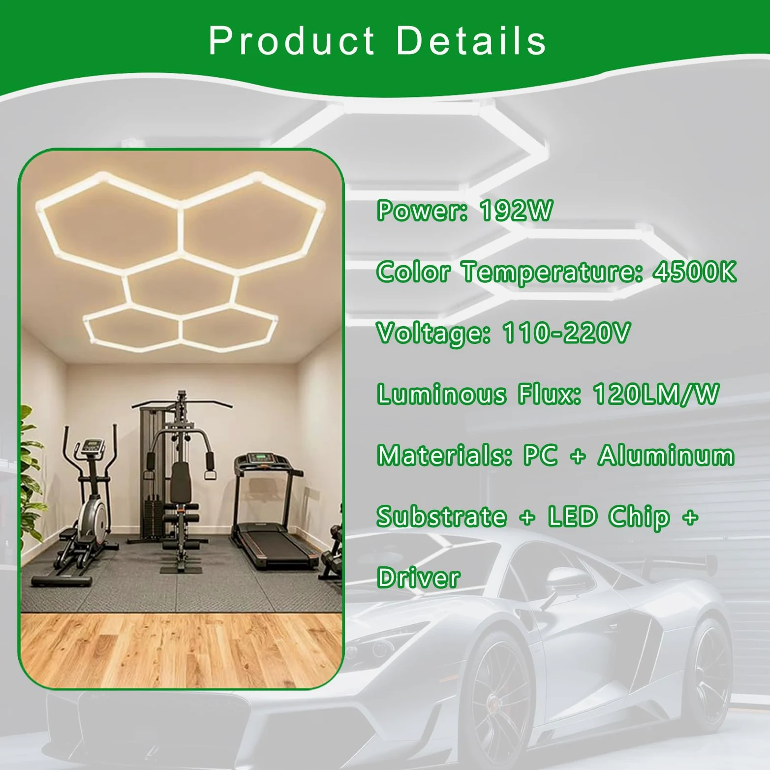 Lampada LED Esagonale per Garage,4500K Plafoniera Soffitto Collegabile, Illuminazione per Dettagli Auto, Autolavaggio, Negozio e Esposizione,4500k