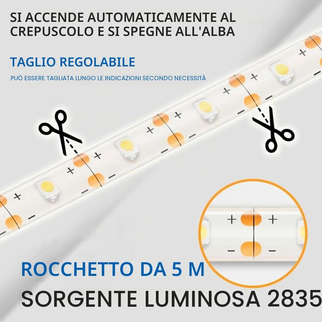 M Ledme - Striscia LED solare esterna giardino 5 metri con telecomando, IP68 sommergibile, 300 LED, luce LED bianco caldo, con kit di installazione per piastra solare, per giardino, casa, decorativa