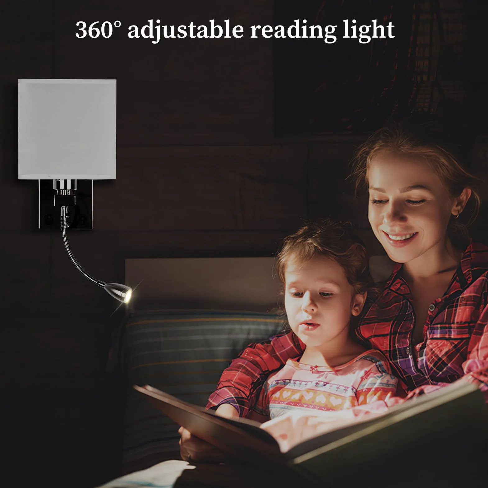 ALLOMN Applique da Comodino, Applique da Lettura a LED Applique Moderna Cromata Lucida con Faretto Orientabile a Collo di Cigno, Doppi Interruttori, Con porta USB da Caricare E27 (Con USB, 1 PCS)