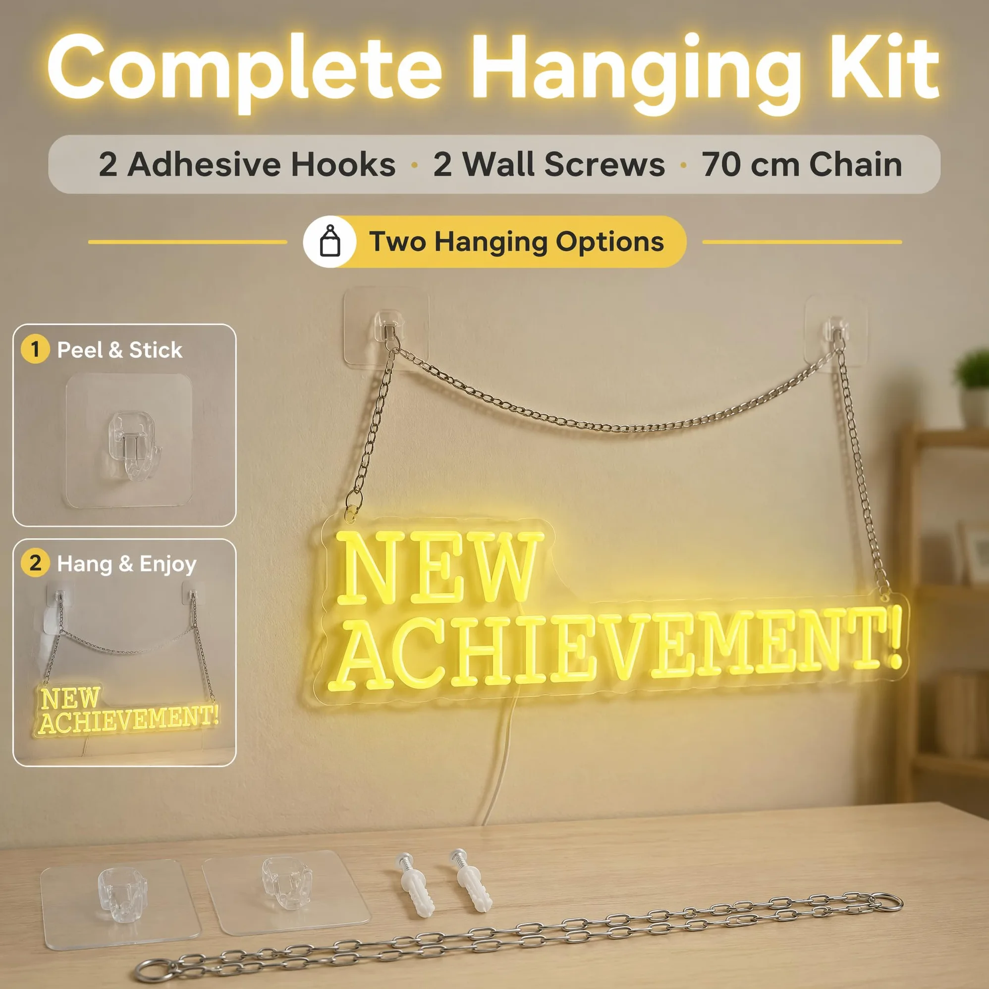 Targa al neon con scritta "NEW ACHIEVEMENT!", 45 x 15,2 cm, decorazione da parete a LED gialla, con retro in acrilico, alimentata tramite USB, per la stanza dei videogiochi, per la camera da letto e