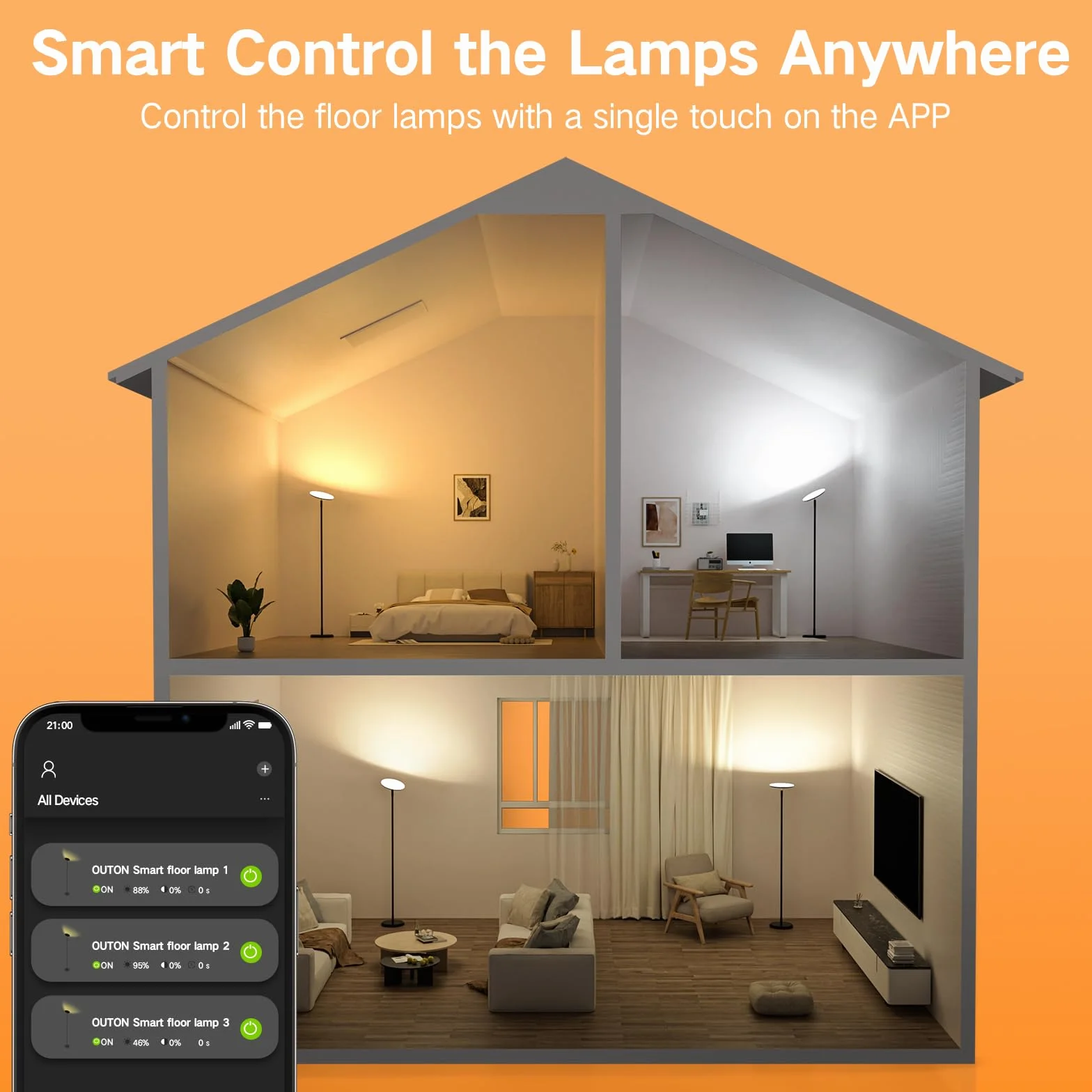OUTON Smart LED Lampada da terra, 30W / 3000LM Lampada Luminosa Dimmerabile Compatibile con Alexa Google Home, WiFi Remote, Lampada da Terra Regolabile in Altezza per Soggiorno Camera da letto Ufficio