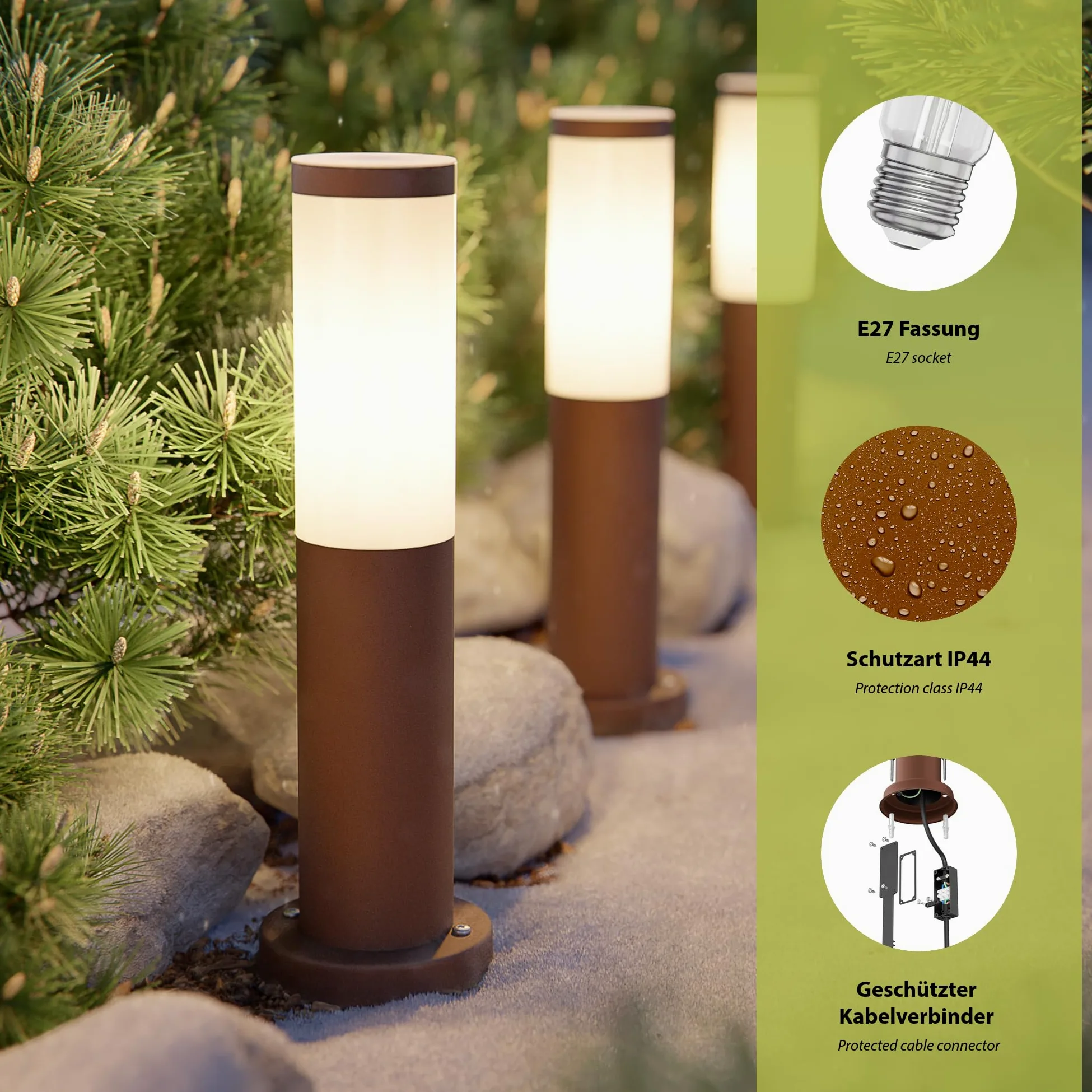 ledscom.de 5 pz. bitta luminosa PORU per esterni, IP44, 39cm, marrone, incl. lampada E27 471lm, bianco extra-caldo