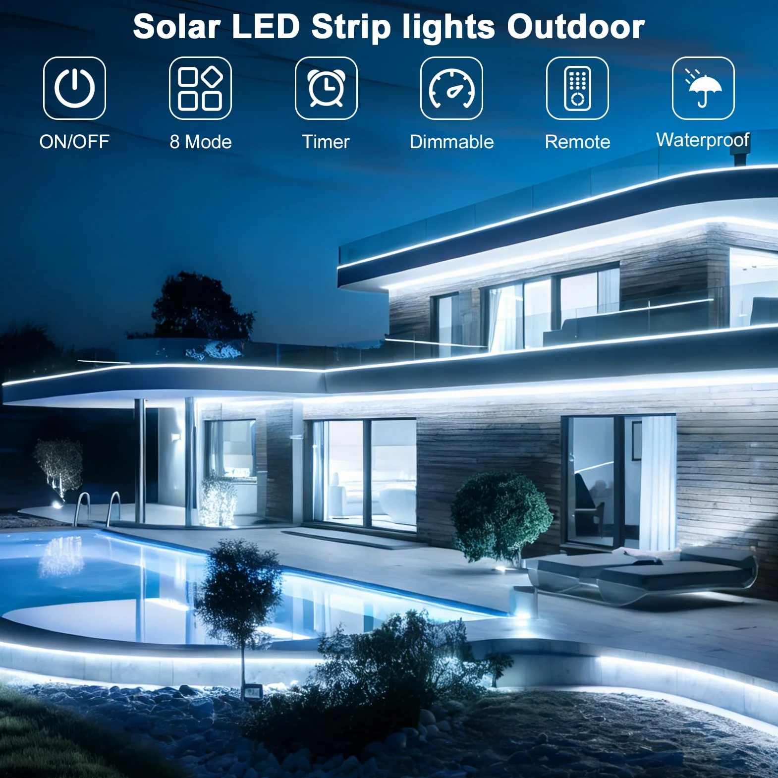 Striscia di luci a LED a energia solare per esterni, 15 m, autoadesiva, impermeabile, 8 modalità con timer remoto e accensione automatica, perfetta per terrazza, patio, sentieri, decorazioni
