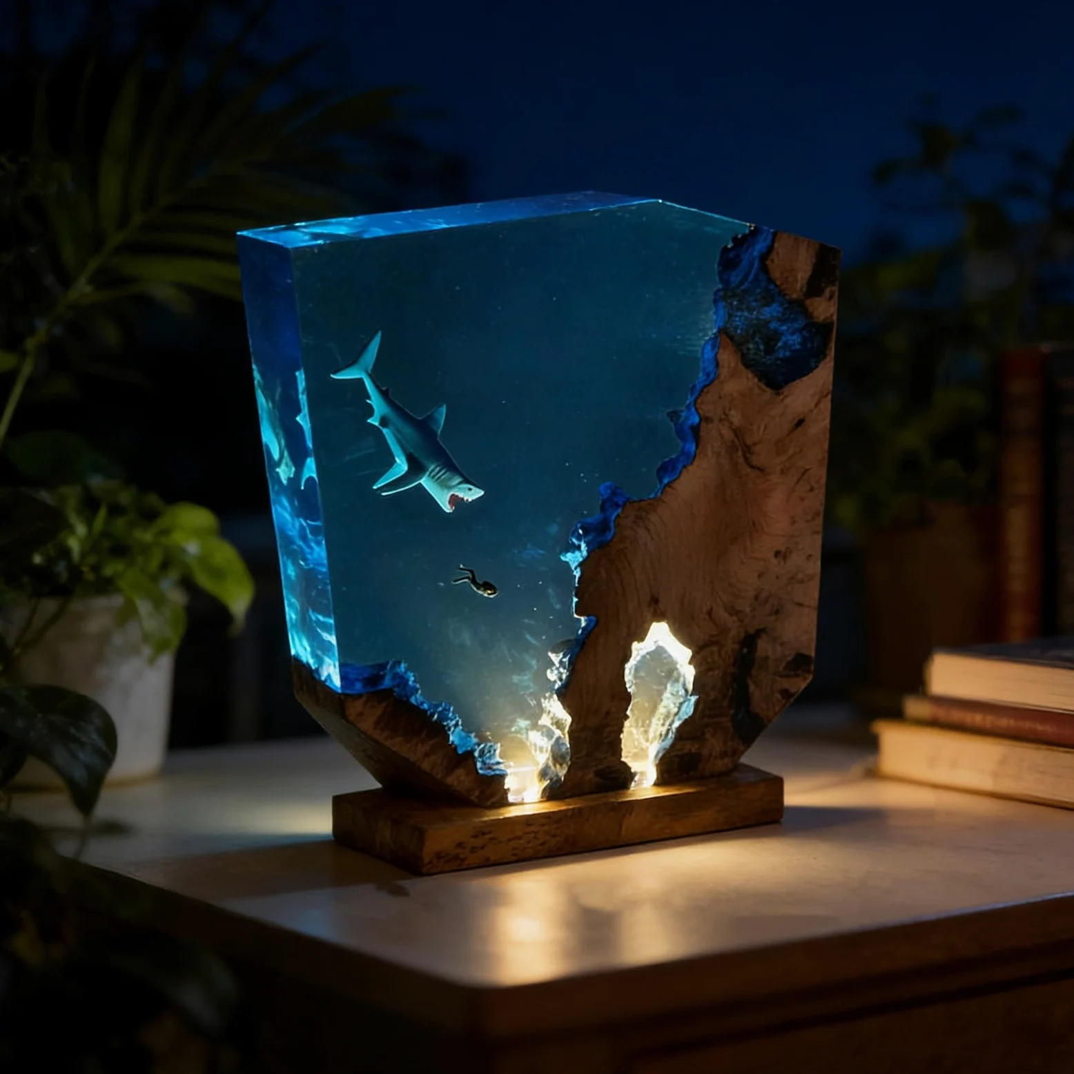 Lampada Resina Epossidica, Luce Notturna con Design Oceano 3D | Lampada LED artigianale in resina e legno per scrivania, comodino, camera e arredamento casa(15*13cm/5.9*5.1in)