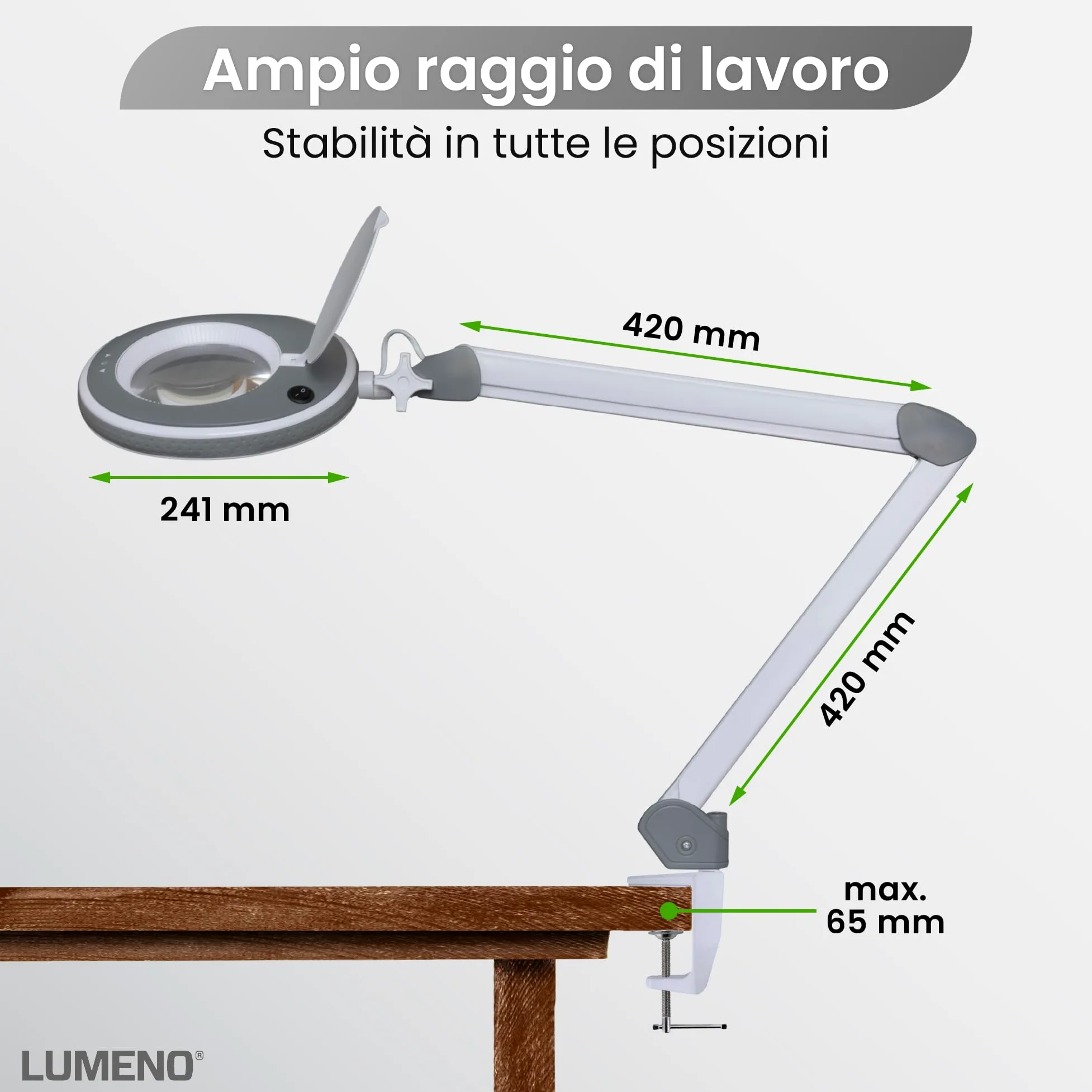 Lumeno 8215GR Lampada d'ingrandimento a LED Lampada da lavoro e estetista, livelli di luminosità regolabili, lente in vetro cristallino da 127 mm, ausilio alla lettura/ingranditore, 5 diottrie