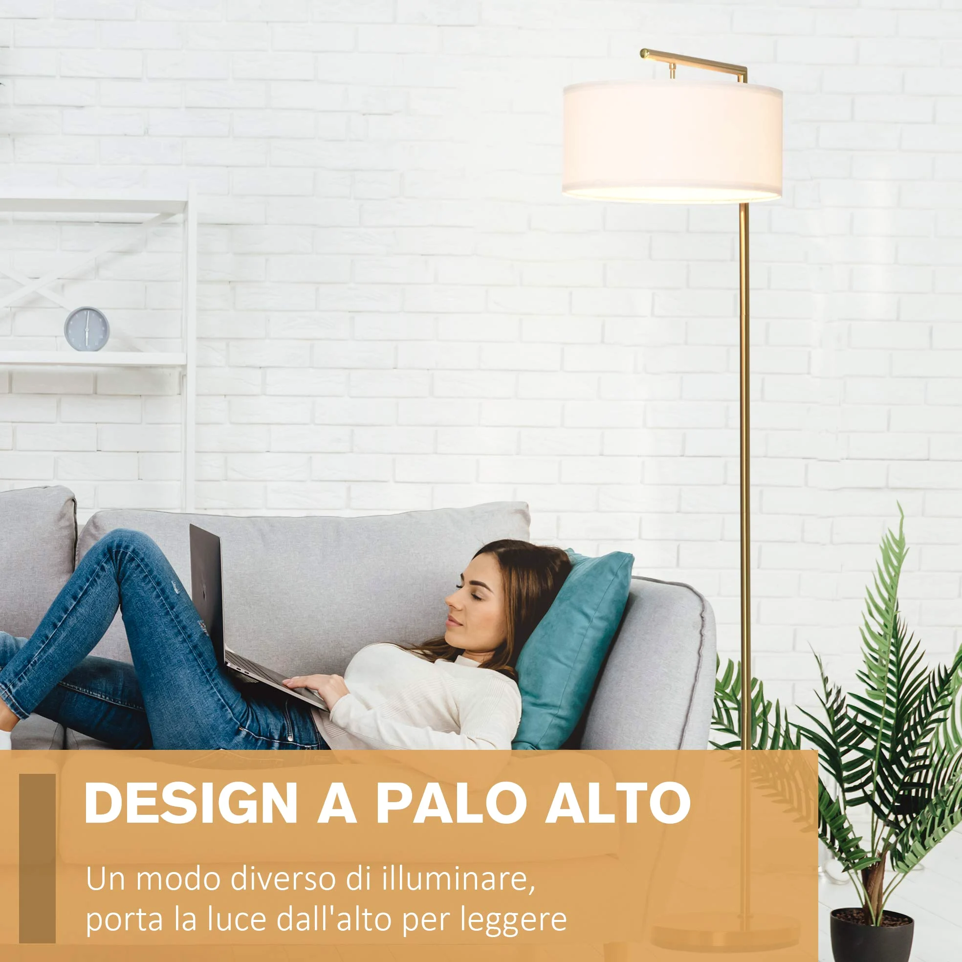 HOMCOM Lampada da Terra Moderna in Metallo E27 47x37x153cm Oro e Bianco | Paralume in Tessuto, Lampada da Lettura