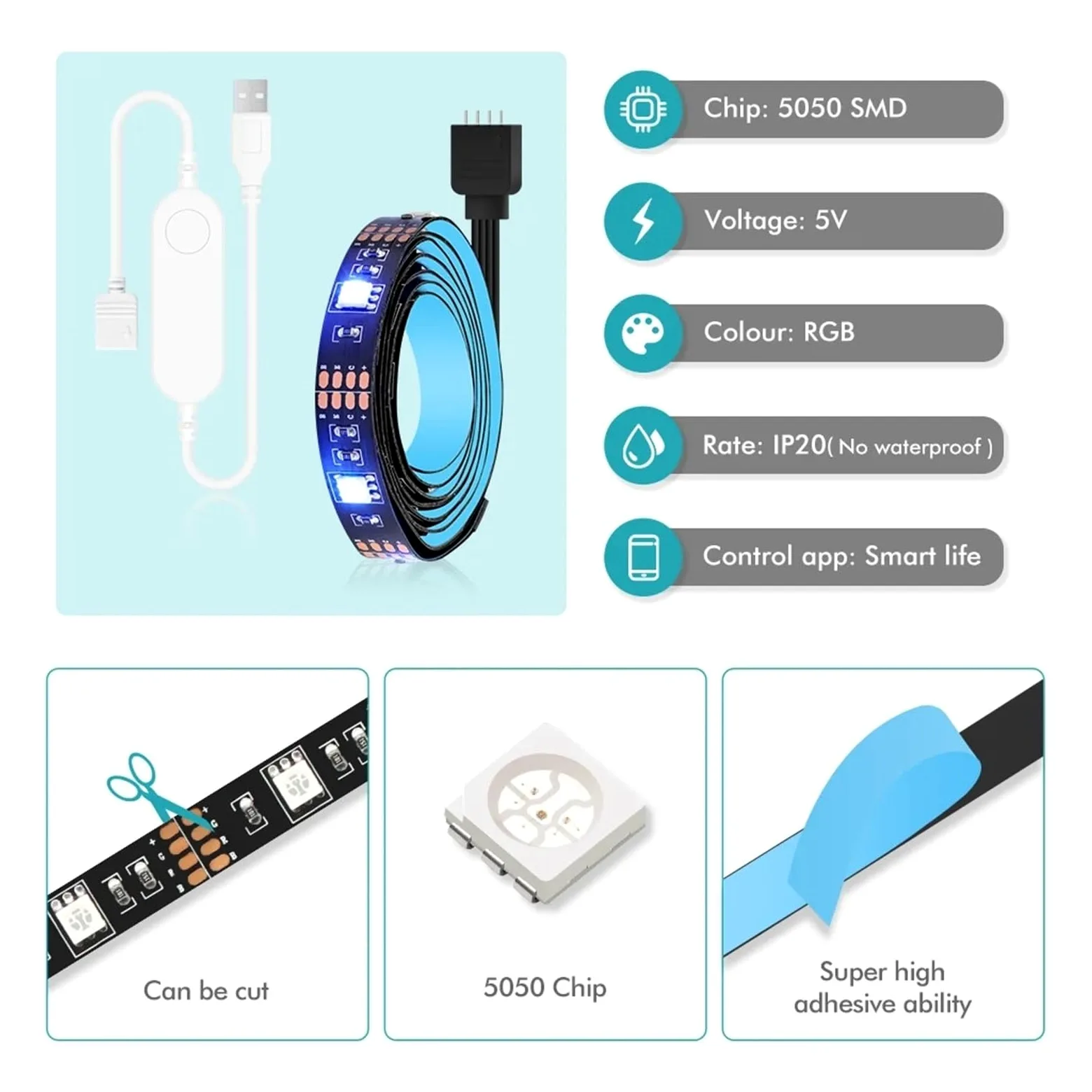 Ozscbuioy Striscia LED USB Wifi RGB 5050 Luce LED DC5V Retroilluminazione TV compatibile(Zigbee verison,5M Kit)