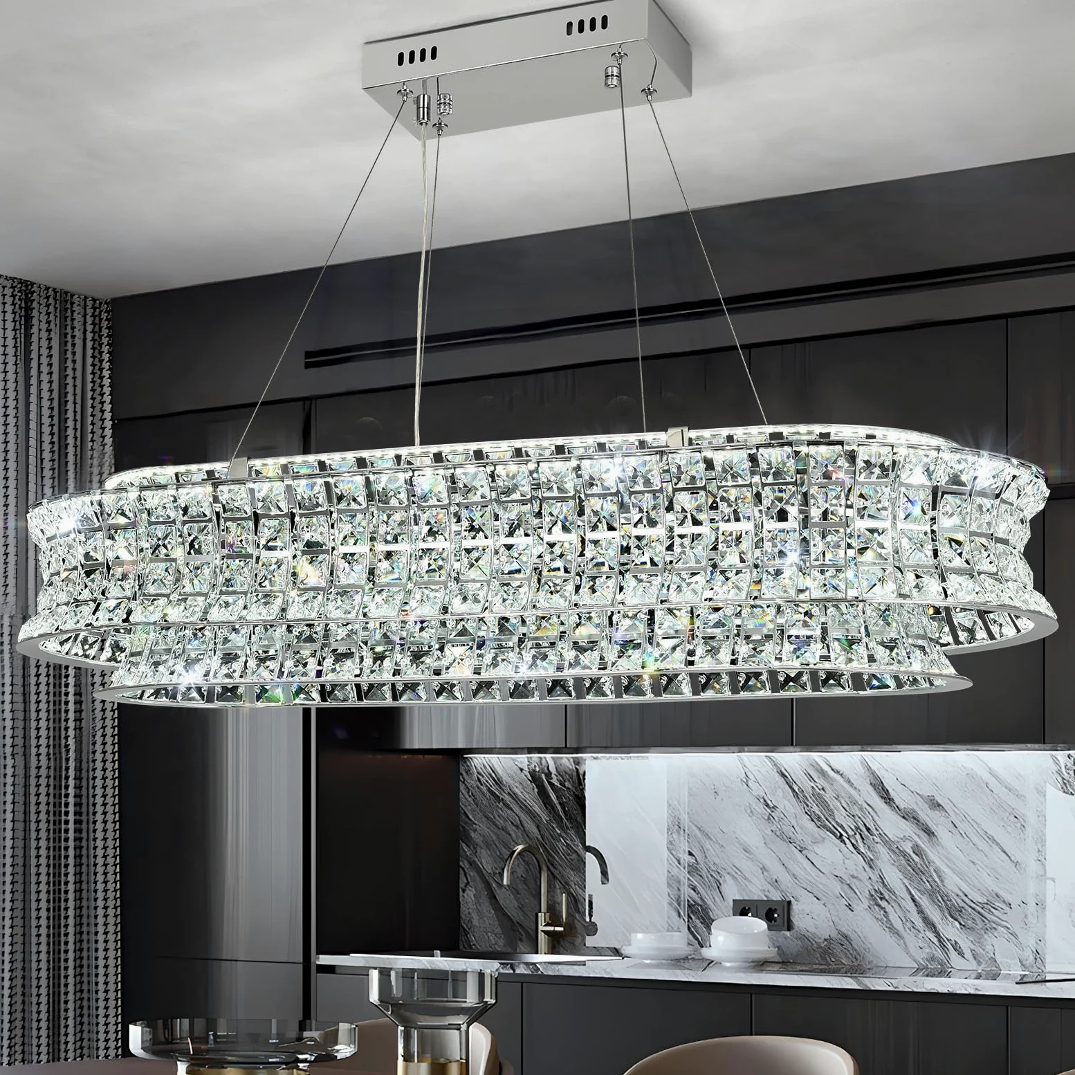 Lampadario moderno di cristallo per il soggiorno, luci a sospensione a LED cromate, lampada a sospensione ovale di cristallo per soggiorno, sala da pranzo, ristorante, 80 x 35cm