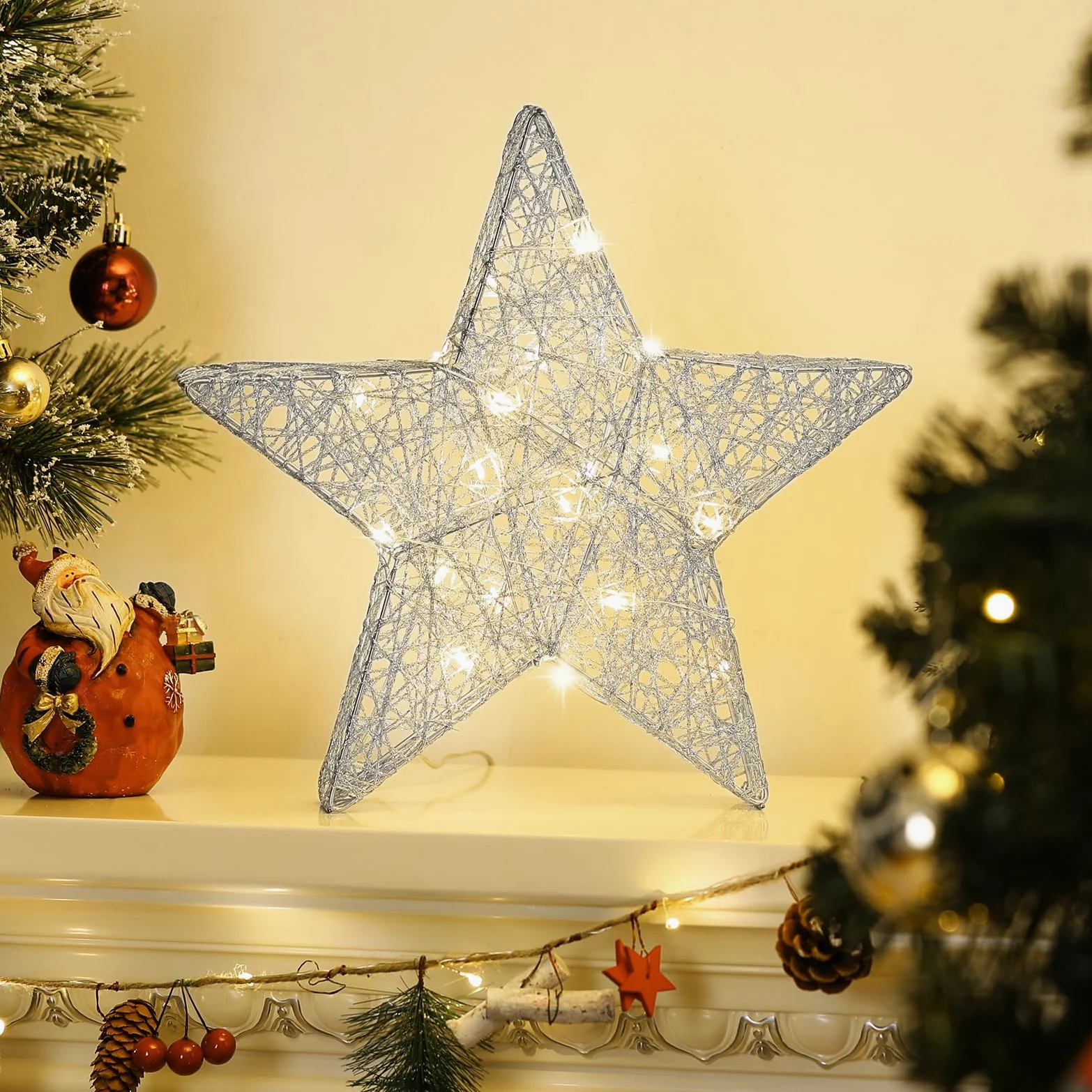 Lewondr Lampada Decorativa a Forma di Stella, Lampada da Scrivania a LED con Luce Calda Decorazione Natalizia per Interni Lampada da Tavolo per Camera da Letto e Soggiorno, Argento