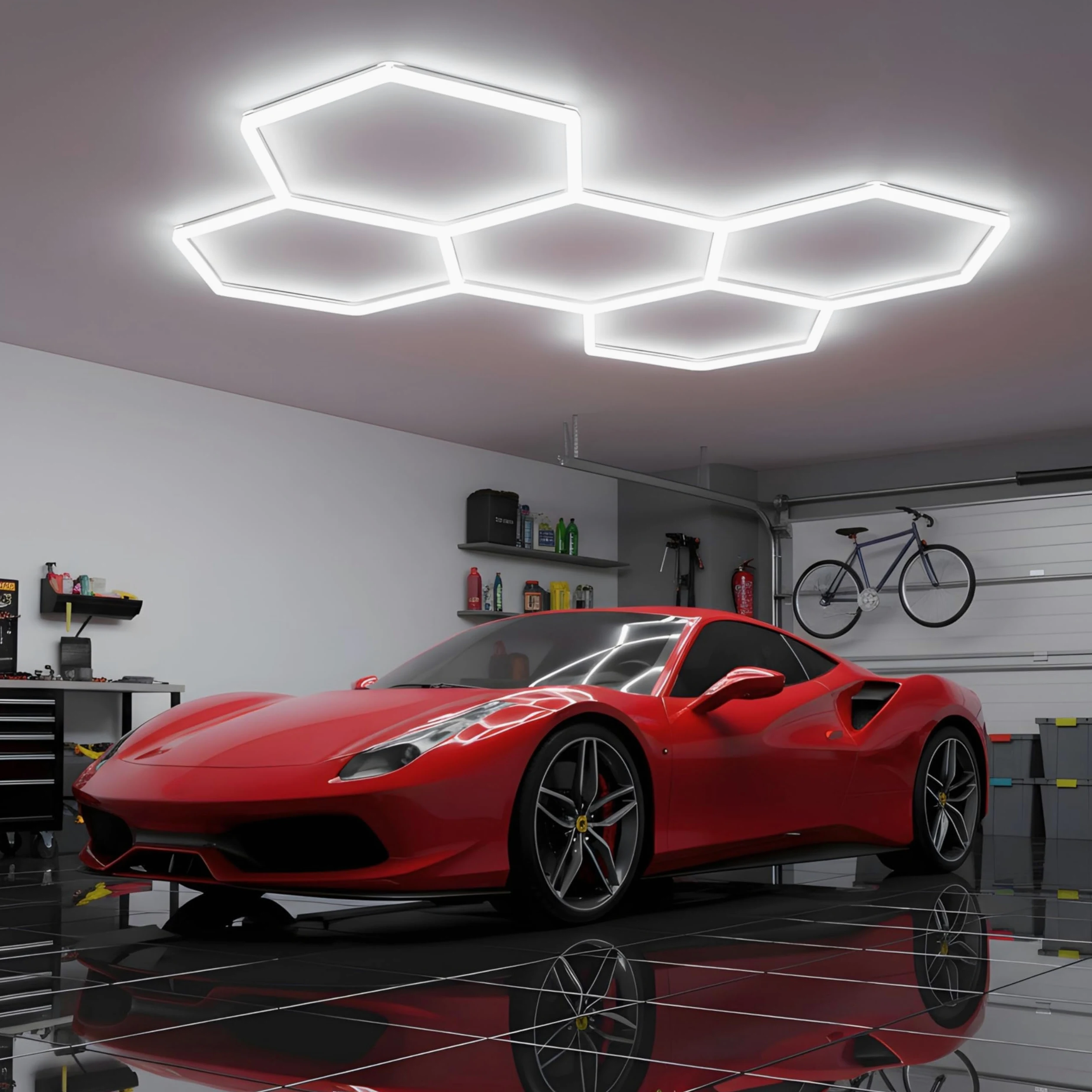 YASTA Plafoniera LED Esagonale 5 Esagoni Garage 168W Luci a Nido D'Ape | Luce Fredda 6500K, Sistema di Illuminazione Modulare Esagonale, Uktra Luminosa, Officina, Palestra e Negozi
