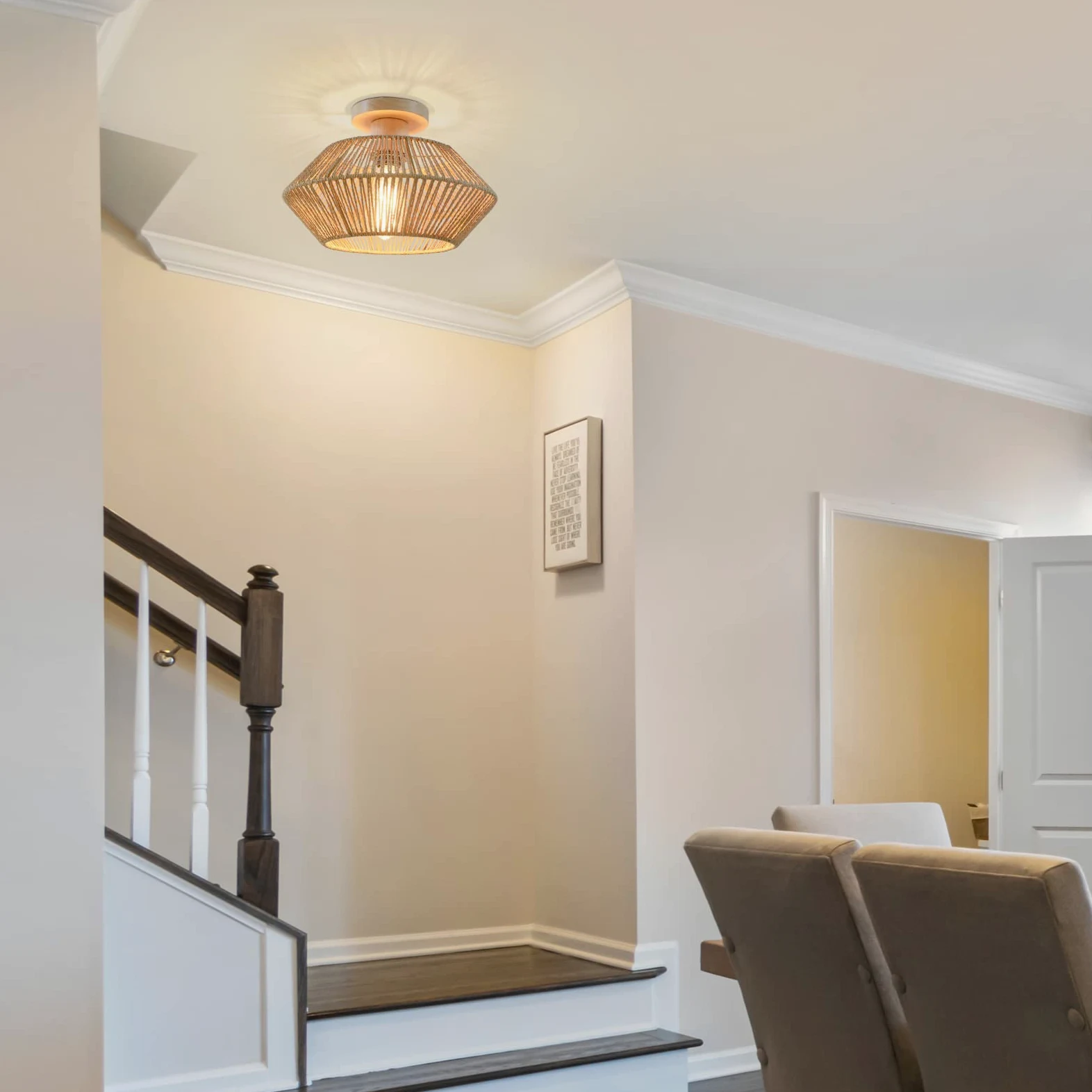 Plafoniera Soffitto Camera da Letto Boho in Rattan, Lampadario Soffitto Intrecciato a Mano a 1 Luce, Plafoniere da Soffitto in Legno per Fattoria per Soggiorno, Cucina, Ingresso, Corridoio