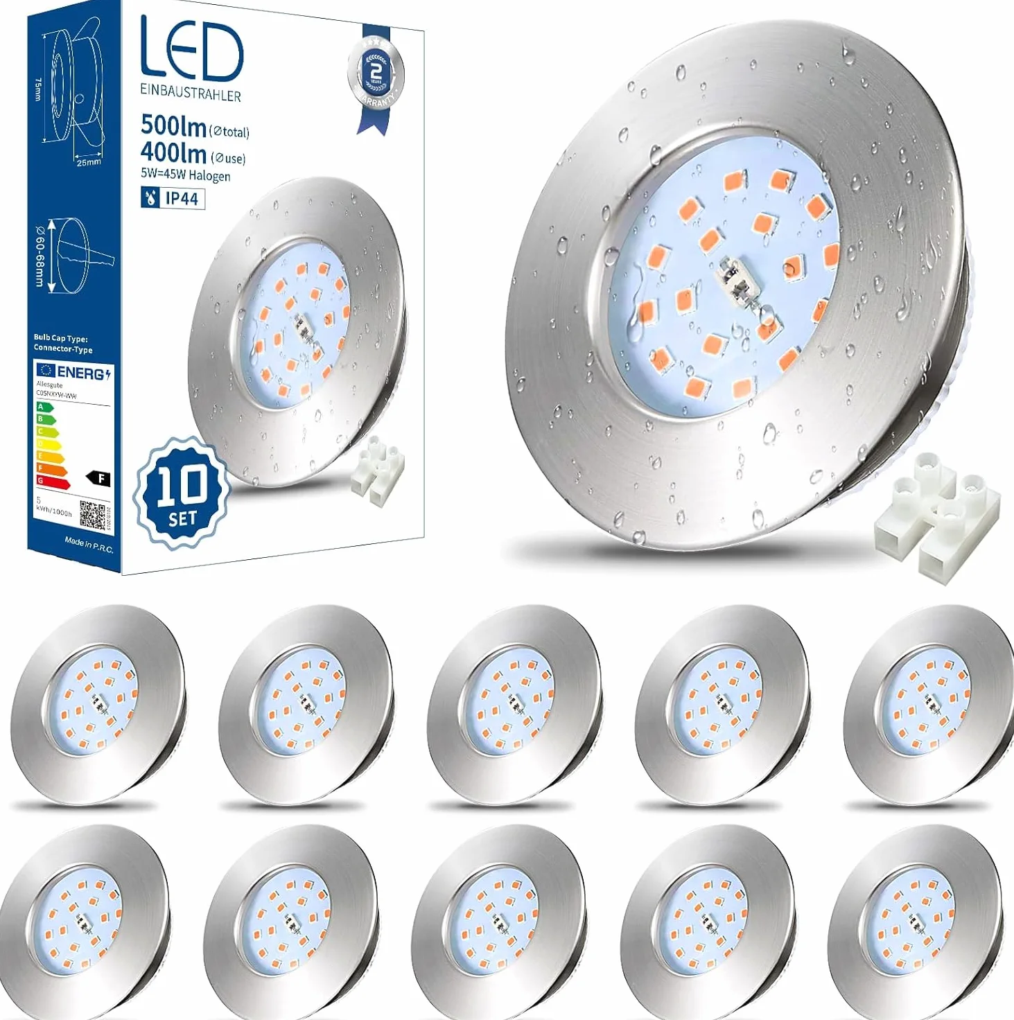 HiBay 10 Faretti Led da Incasso per Cartongesso 5W Ultrasottili Faretti Led Soffitto Incasso 500LM,3000K Bianco Caldo,220V Inox IP44,Diametro Foro Ø60mm per Bagno,Esterno