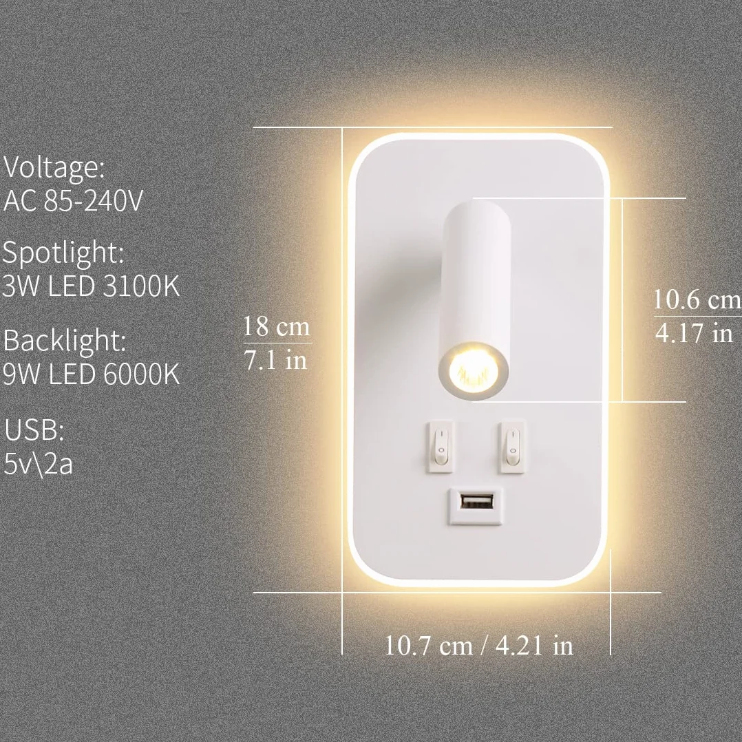 Lampada da Parete a LED, Lampada da Lettura da Comodino, con Porta di Ricarica USB, Faretto Regolabile con Luce Ambientale per Camera da Letto (3W 3100K+9W 6000K) Bianco