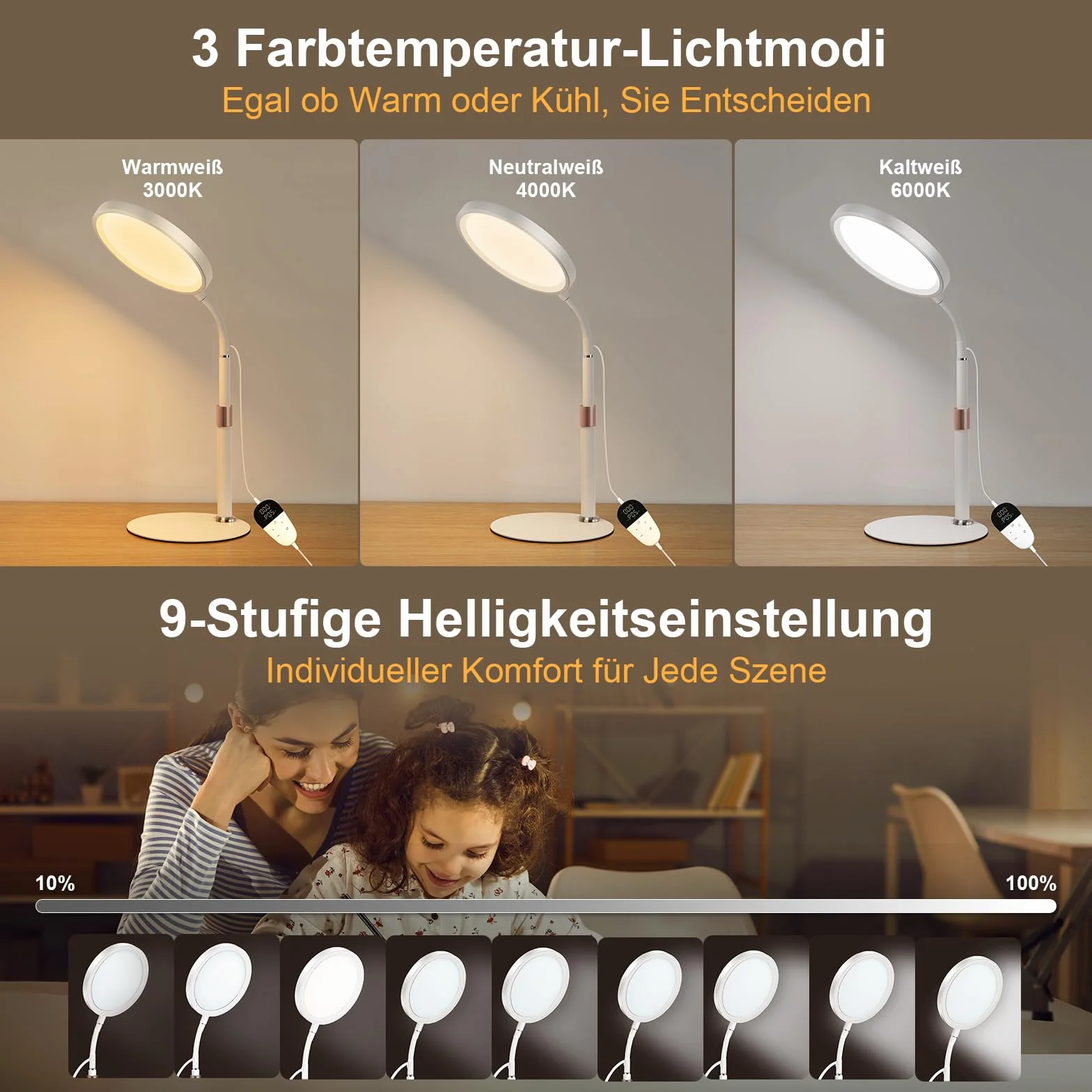 Lampada SAD, Lampada Per Terapia Della Luce Senza Raggi UV Da 10.000 lux, 3 Temperature Di Colore, 9 Luminosità e Timer da 15/30/45Min, Lampadas a luce Diurna Per Uso Domestico/Ufficio