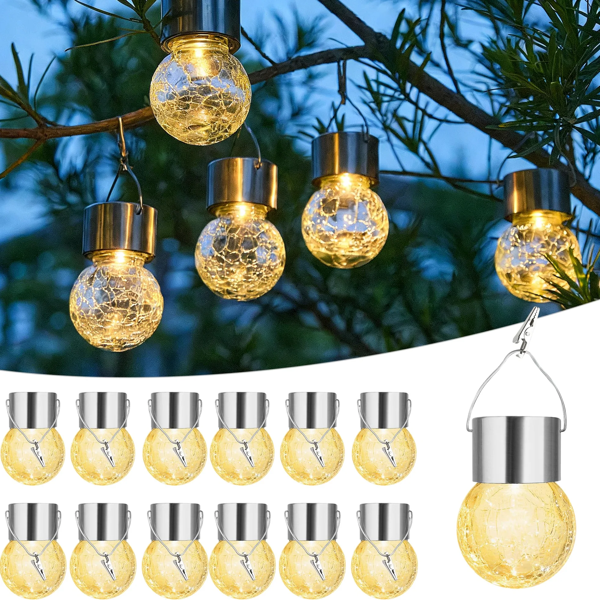 Lanterne solari per esterni, luci a sfera a energia solare, impermeabili, decorative, in vetro incrinato, ornamenti per pastore, gancio, albero, ombrello, recinzione, giardino, cortile, decorazione