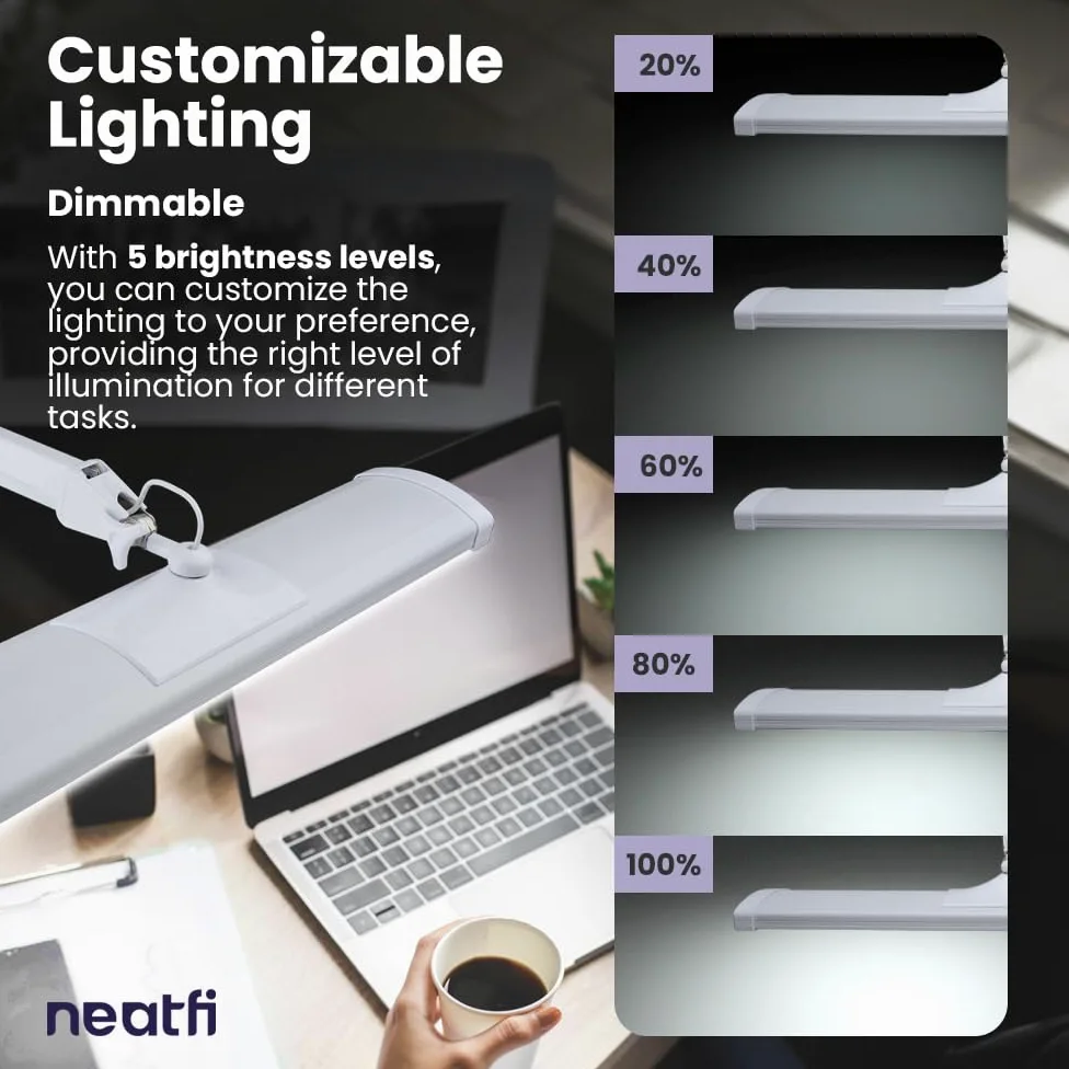 Neatfi Lampada da tavolo ultra luminosa da 3.500 lumen, con morsetto, lampada da scrivania super luminosa da 45 W, 270 LED SMD, lampada larga 26 pollici, dimmerabile, lampada a LED (bianco)