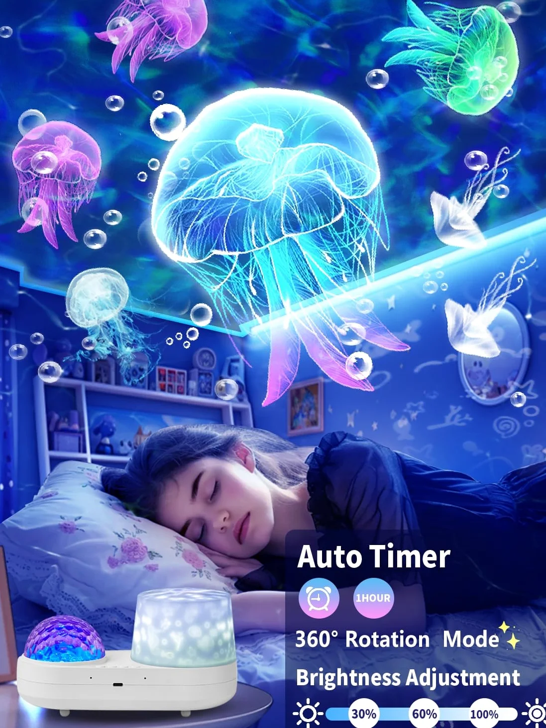 Proiettore di onde oceaniche luce notturna per camera da letto dei bambini - 10 colori con onde oceaniche + 6 film, timer di rotazione a 360 gradi, per bambini, bambine, compleanno, Natale, regali