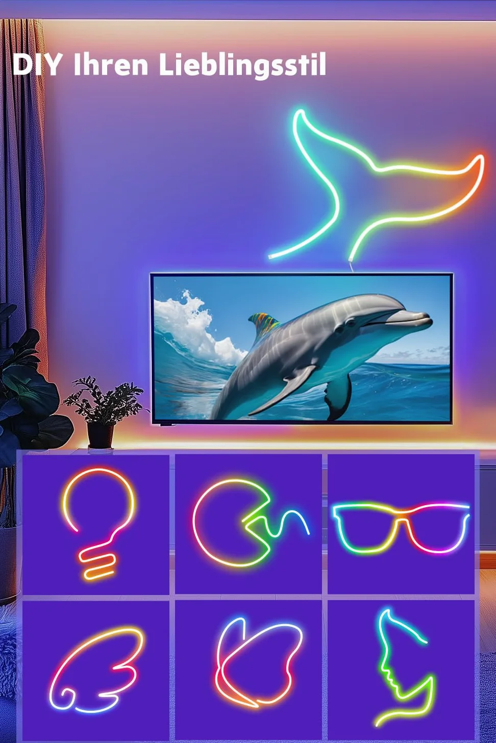 Nixtrve Striscia LED neon RGB 3 m, con controllo app, design fai da te, funziona con Alexa, controllo segmento, sincronizzazione musicale, LED neon per soggiorno, camera da letto, decorazione da