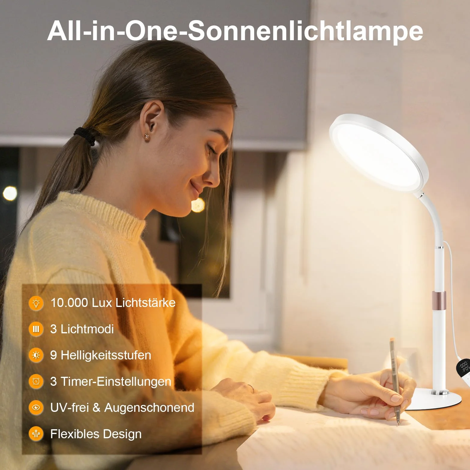 Lampada SAD, Lampada Per Terapia Della Luce Senza Raggi UV Da 10.000 lux, 3 Temperature Di Colore, 9 Luminosità e Timer da 15/30/45Min, Lampadas a luce Diurna Per Uso Domestico/Ufficio
