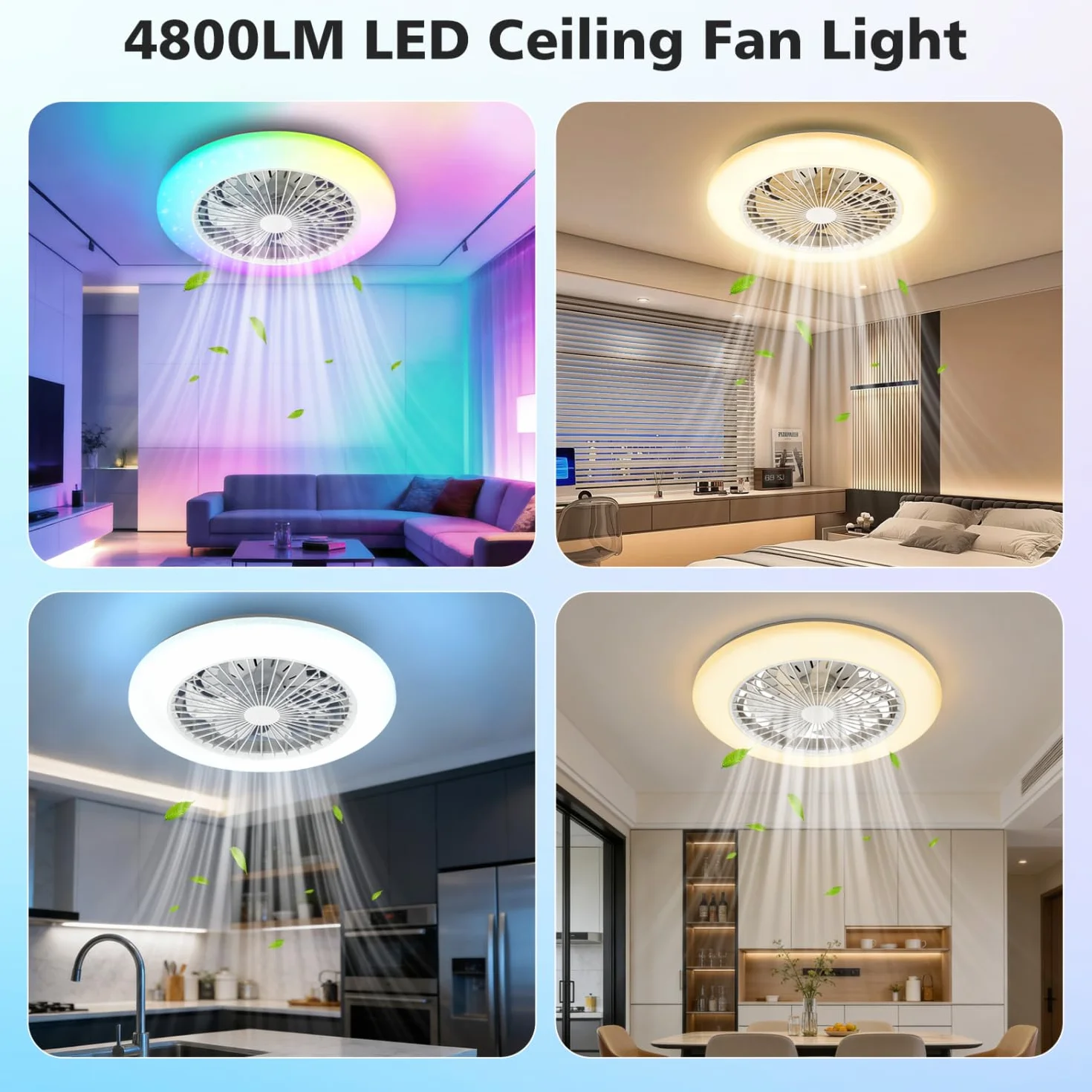 Aigostar Ventilatore da Soffitto con Luce e Telecomando, Plafoniera LED 40W RGB+CCT Dimmerabile, Motore Silenzioso, 7 Pale, Timer, 19" Bianco