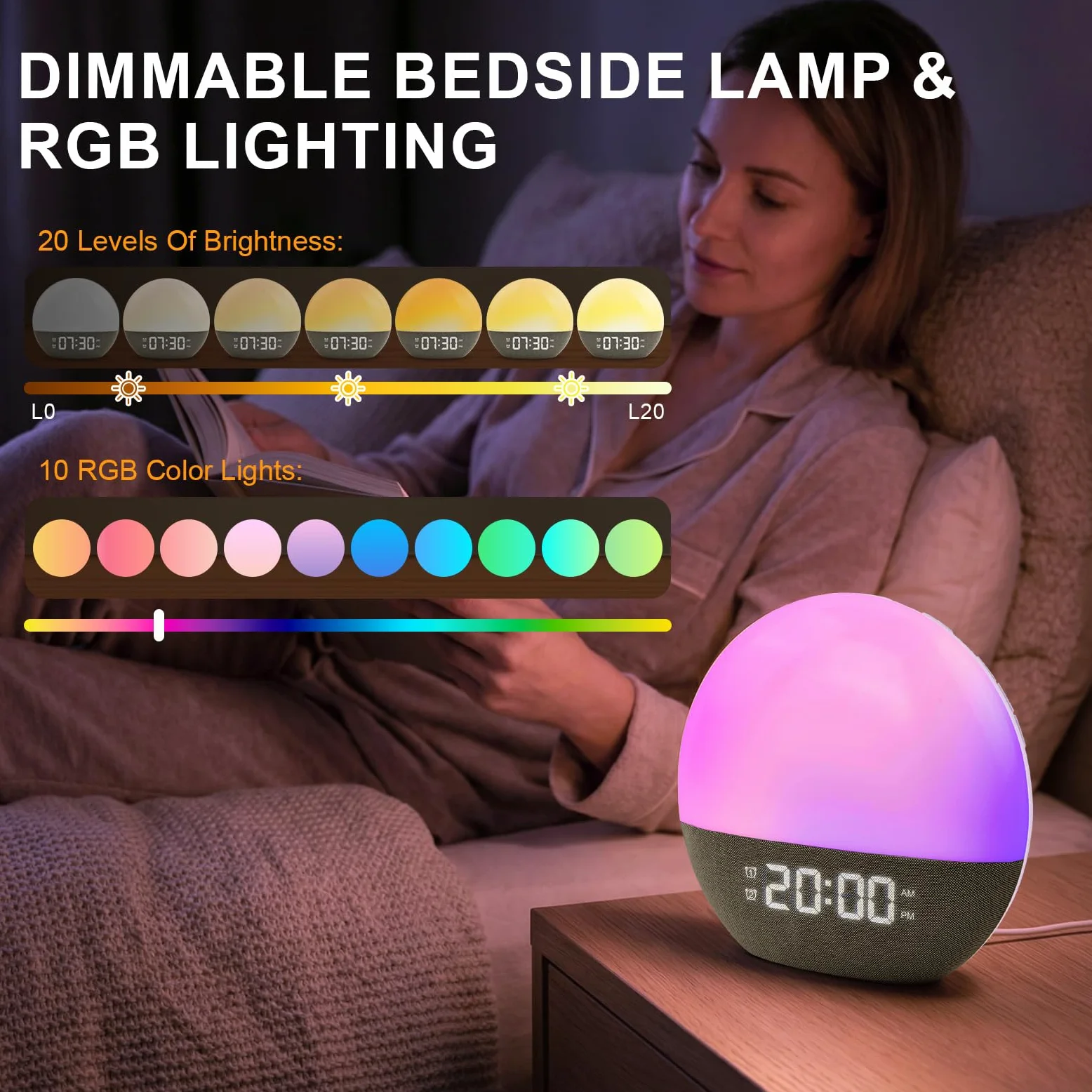 Sunrise alarm clock,Wake Up Light,Luce Sveglia da Comodino,Sveglia alba,Sveglia Simulazione Dell'alba,20 Luminosità,10 Colori,24 Suoni Naturali,Funzione snooze,Radio FM,Per Adulti e Bambini