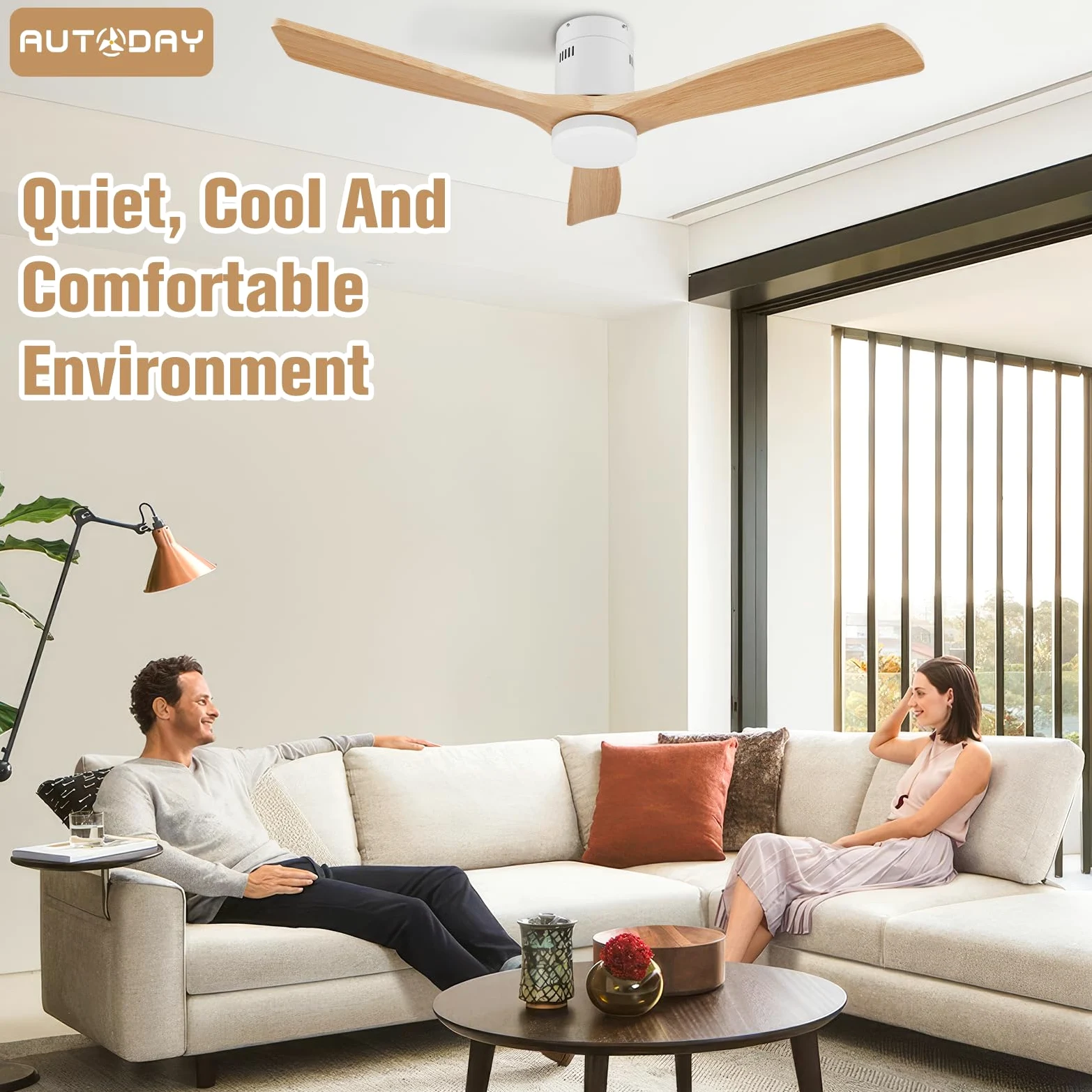 Ventilatore da Soffitto in Legno con Luce Diametro 132cm Dimmerabile 24W LED 38W Motore DC Ultra Silenzioso Telecomando con Funzione di Memoria 6 Velocità Timer