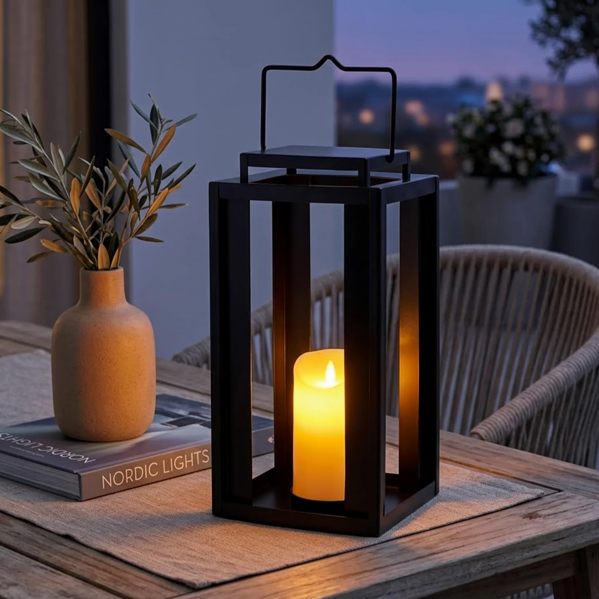 TRIROCKS Lanterna Metallica Grande per Esterno 43 cm Alta, Porta Candela Appeso Decorativa con Candela Timer Senza Fiamma a LED per Casa, Giardino, Patio (Senza Vetro)