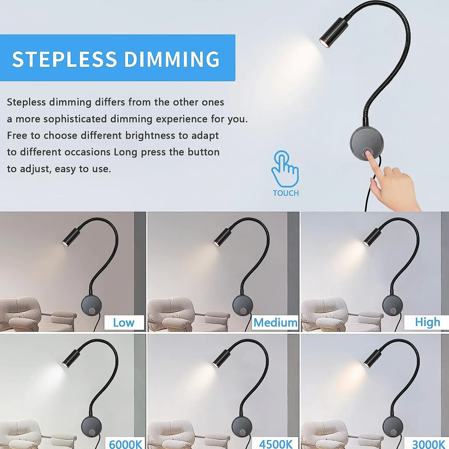 2 pezzi 3W Applique da Parete interno, Lampada da Lettura Muro Dimmerabile Touch con Porta di Ricarica USB, 3000K-6000K LED Luce da Letto Flessibile a Collo di Cigno Illuminazione Comodino, Nero