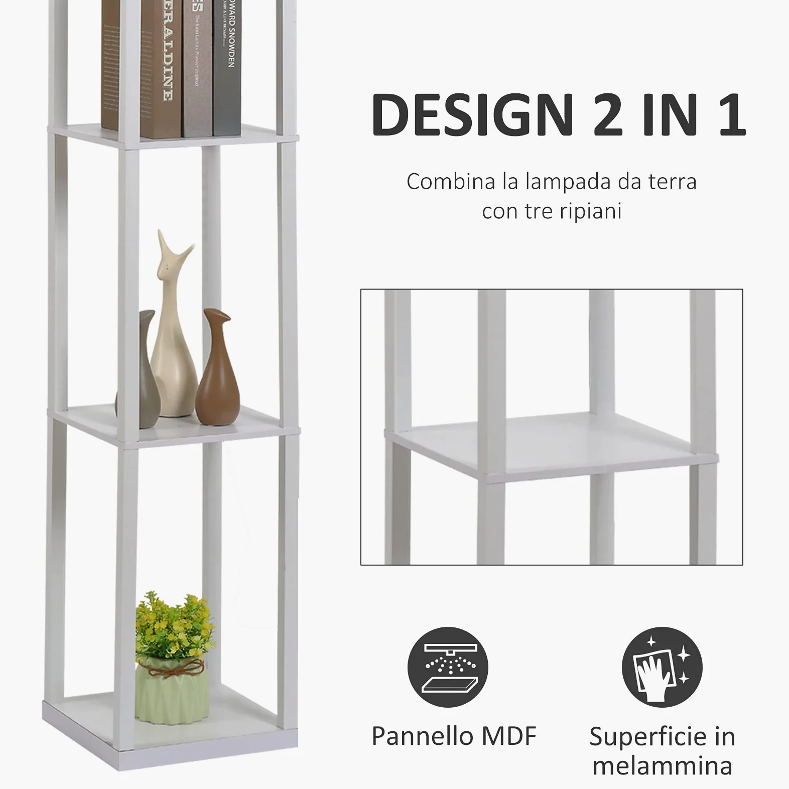 HOMCOM Lampada da Terra con 3 Mensole Integrate, Attacco E27 Potenza 40W, Arredamento Moderno in MDF, 26x26x160cm, Bianco