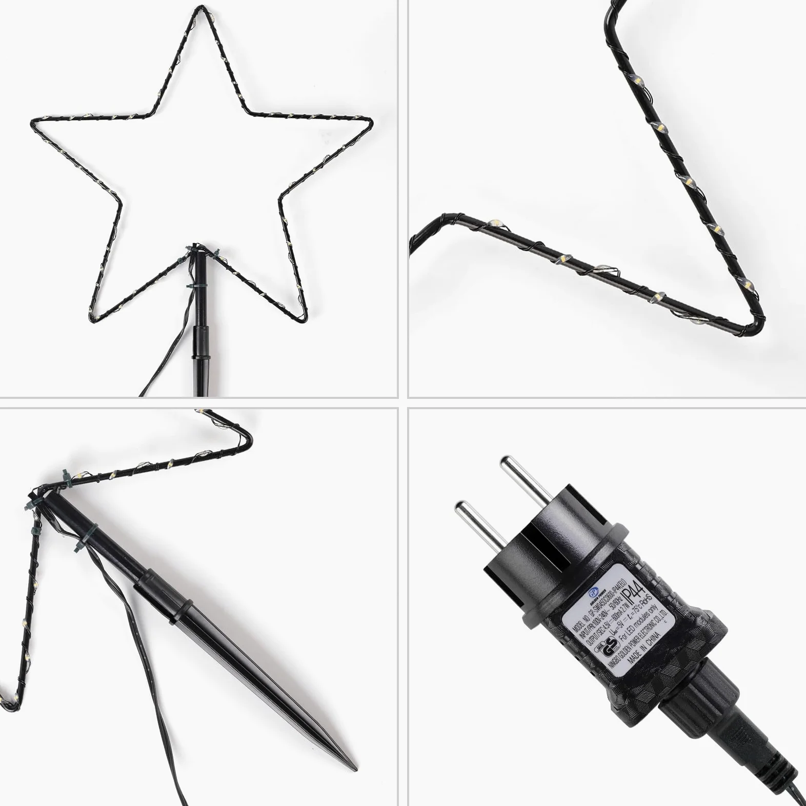 SALCAR 2 m di illuminazione natalizia per esterni, 3 stelle 45 cm, 150 LED, decorazione natalizia, giardino, illuminazione esterna con picchetto, stelle nere, bianco caldo