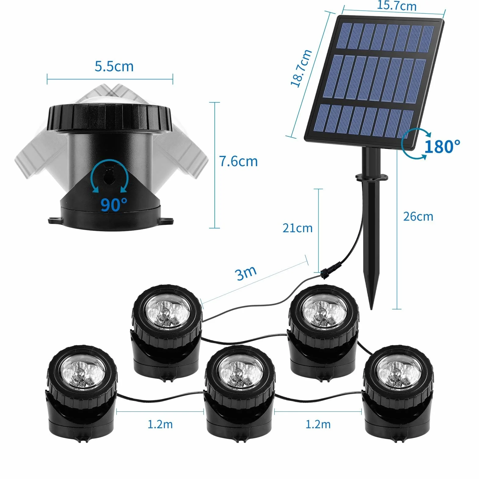 Illuminazione solare per laghetto, luce subacquea RGB, luce subacquea regolabile, cambia colore, IP68, impermeabile, 5 pezzi