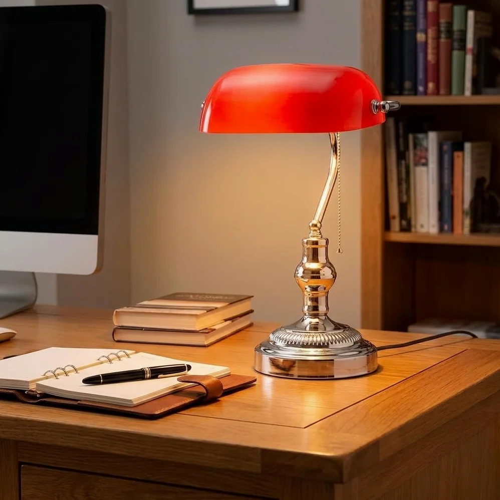 BARCELONA LED Lampada da Tavolo Banker Vintage E27 Paralume in Vetro Rosso Base Cromata Orientabile Luce da Scrivania Classica Stile Industriale Retrò Nordico per Ufficio