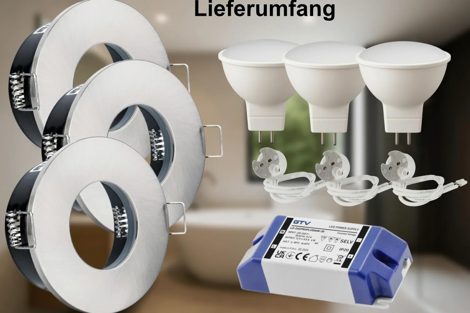 JungesLicht - Faretto da incasso IP65 da 12 V con trasformatore, 3 lampadine LED da 4 W – intercambiabili, foro 68 – 72 mm, esterno 83 mm, profondità 65 mm, set completo, lampada da incasso per bagno