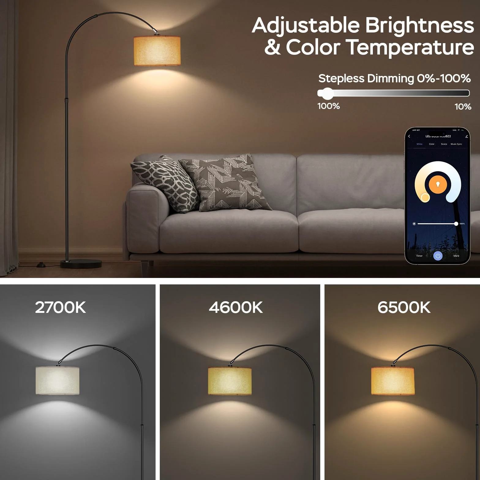 Modlicht Lampada da terra intelligente, funziona con Alexa e Google Home, lampada da terra RGB dimmerabile, per feste o atmosfera festiva, lampada ad arco WiFi E27 9W per soggiorno, camera da letto