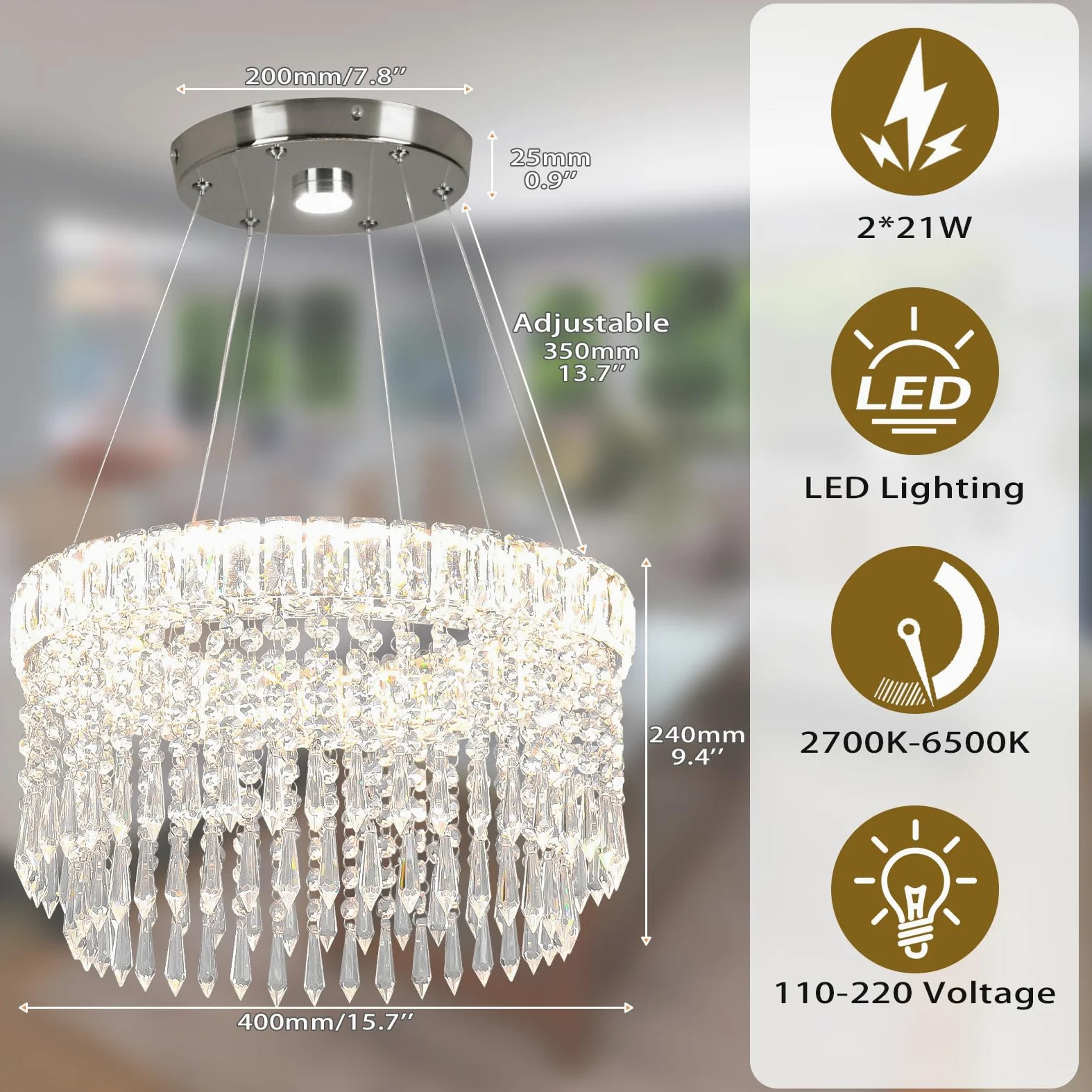 Lampadari moderni di cristallo Lampadario di lusso a goccia 45cm sospensione con montaggio ad incasso Illuminazione lampadario a soffitto per sala da pranzo soggiorno cucina isola