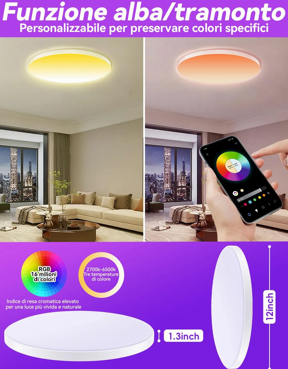 Plafoniera led soffitto lampadario camera da letto bambina 30W Lámpara empotrada de 16 millones de colores Funciona con dispositivos Matter Alexa Luce Soffitto Cameretta,Cucina,Soggiorno