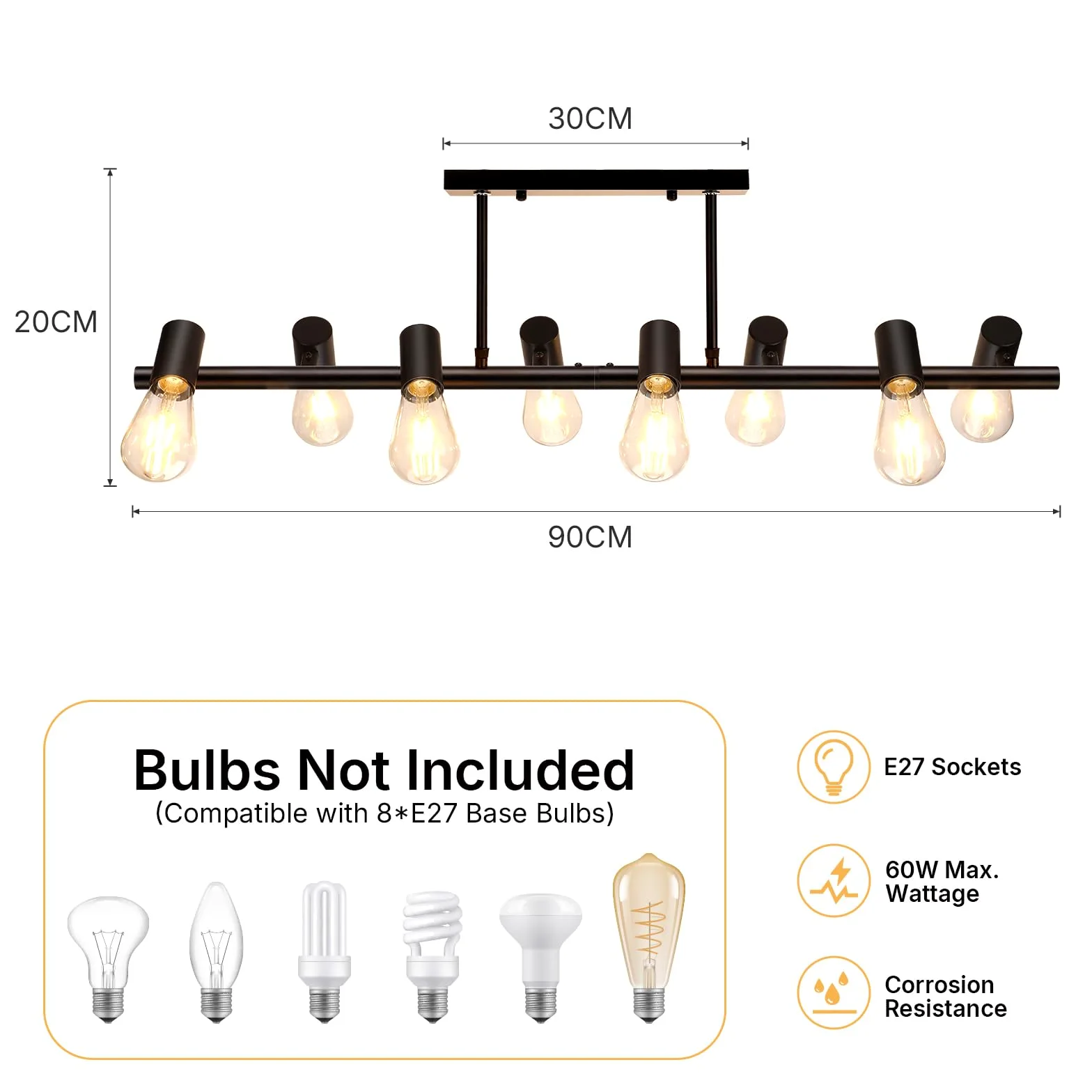 VivaLet Lampadario Soggiorno Moderni Nero, E27 Faretti Soffitto a 8-Luci, Testa Orientabile, Lampadario Vintage a Sospensione da Sala da Pranzo Regolabile in Altezza, Plafoniera Industrial per Cucina