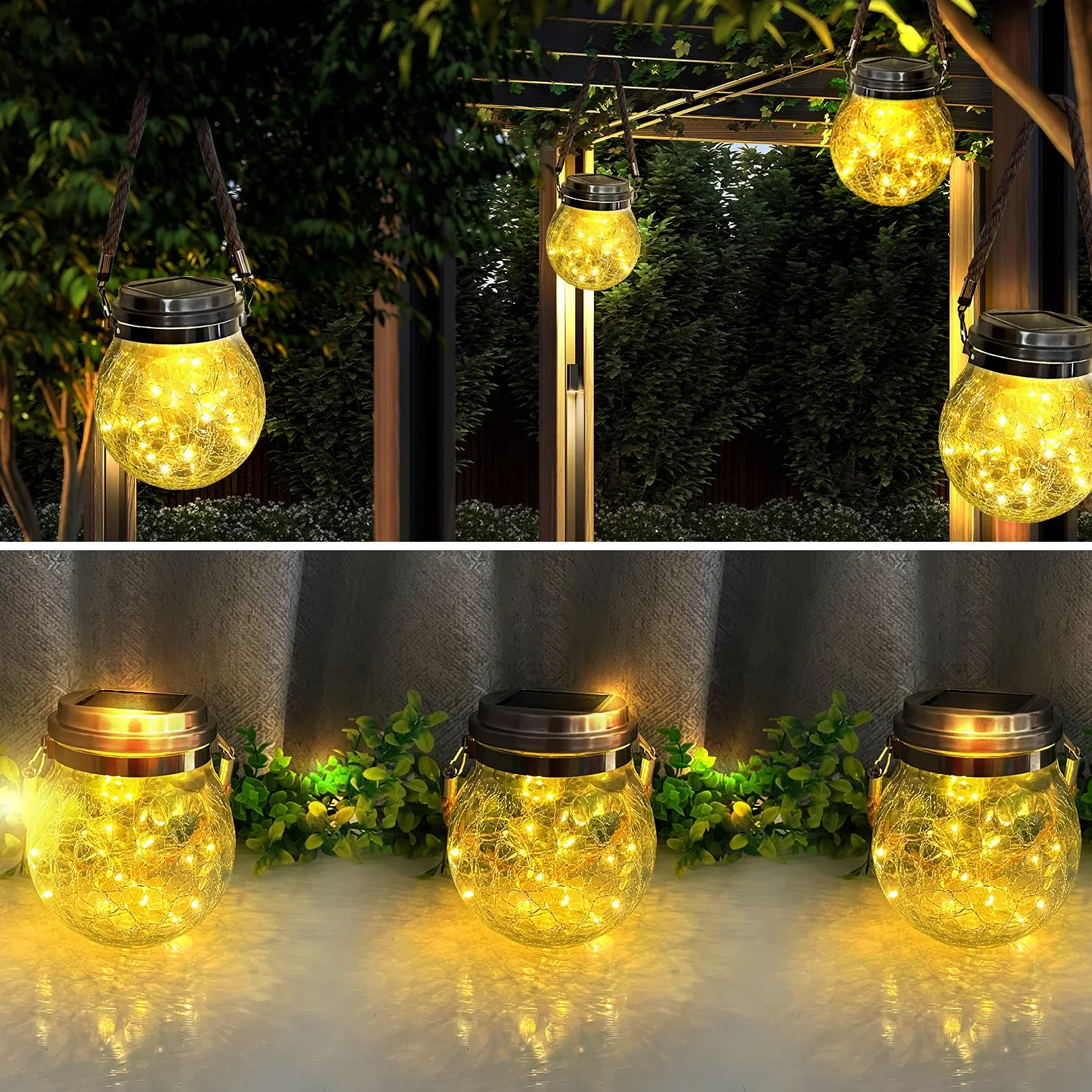 XVZ Lanterne Da Esterno, 2 Pezzi IP65 Impermeabili Lampade Solari Sospese in vetro sferico per Giardini, Cortili, Alberi, Gazebo, Natale, Feste - Bianco Caldo