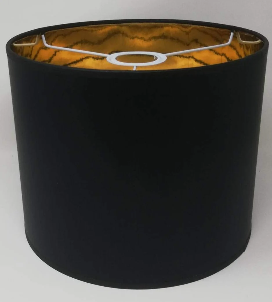 Paralume Cilindro in Tessuto Nero con interno Oro, fatto a mano, varie misure, per lampada da tavolo, sospensione, piantana (Diametro 25 cm, Altezza 20 cm)