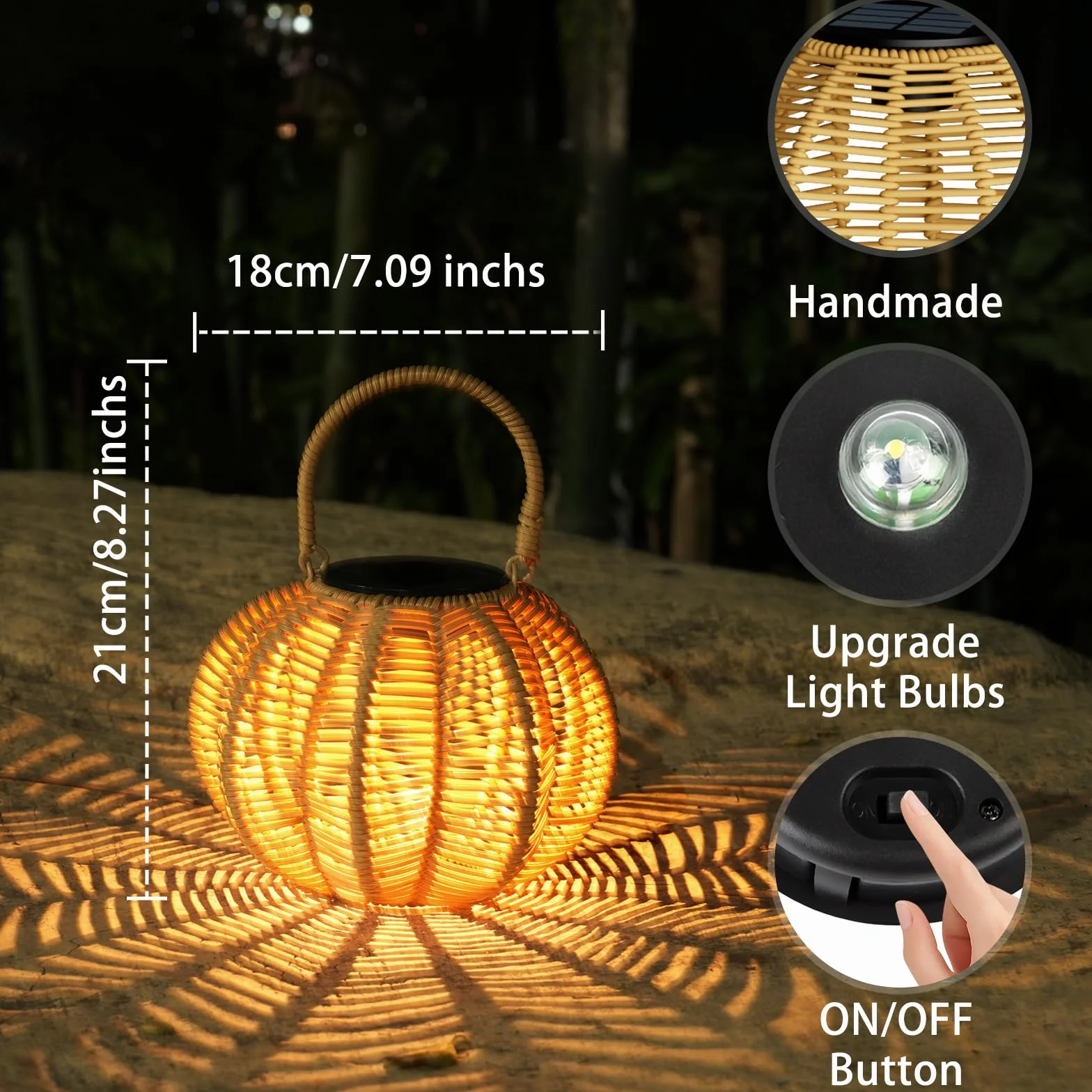 Lanterne Solari da Esterno a Forma di Zucca Intreccio Manuale in Rattan Naturale, Lampada Solare da Esterno con Luce Calda e Sensore Automatico, IP65 per Giardino Terrazzo Cortile, 2 Pezzi