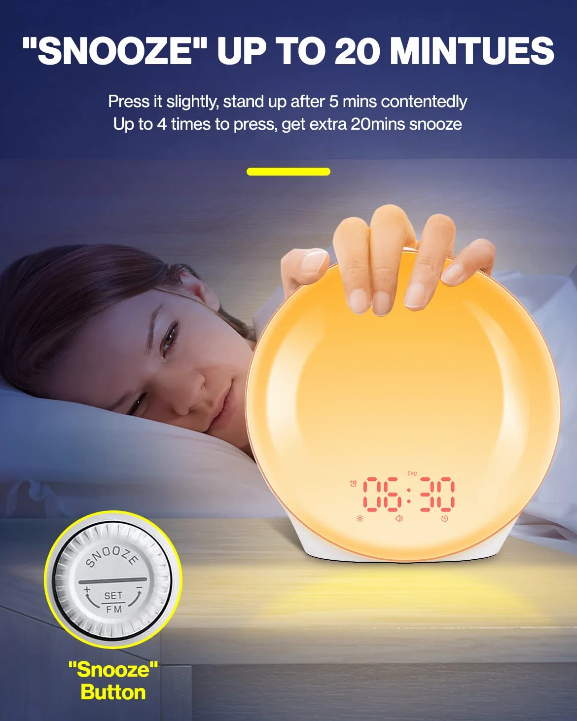 Wake up Light Luce Sveglia da Comodino con Simulazione dell'Alba e Tramonto, Luce Notturna con 2 Sveglie, 20 Livelli di Luminosità, 14 Colori, 10 Tipi Di Suoneria, FM Radio e Funzione Snooze
