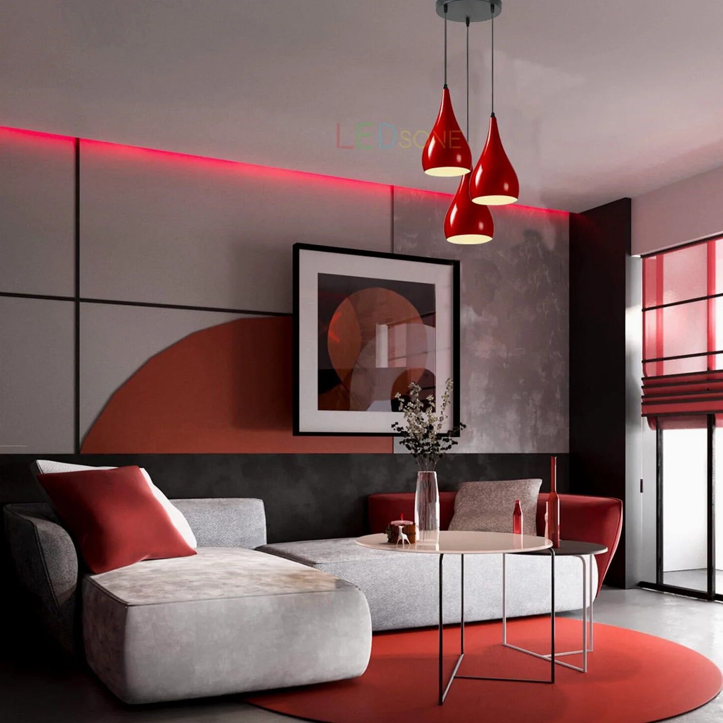 LEDSone Lampadario a sospensione a 3 teste, moderno in metallo a goccia a goccia, lampada a sospensione a grappolo con attacco E27 per soggiorn (Rosso)