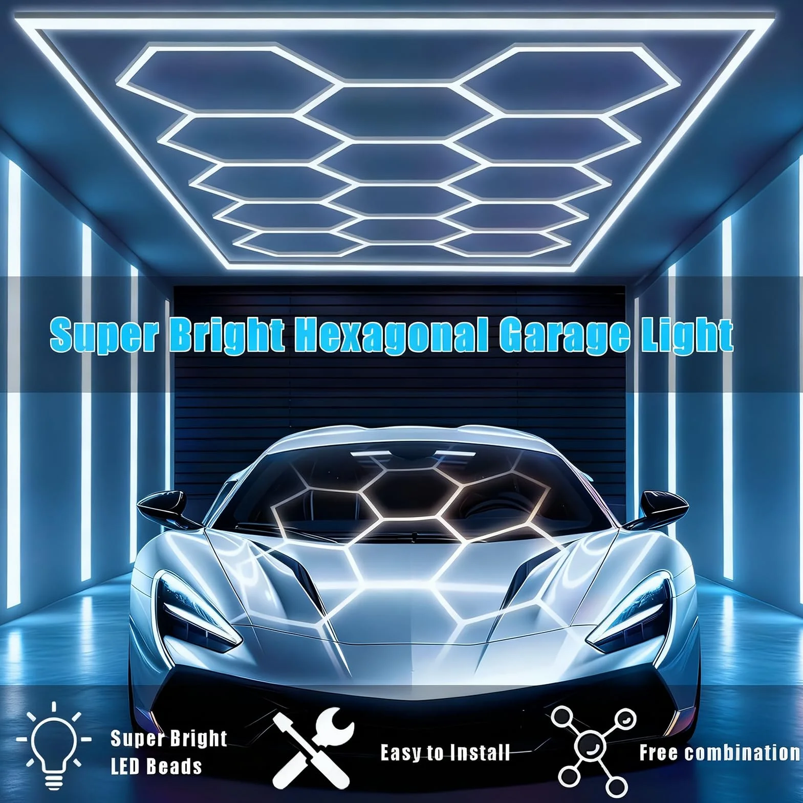 Kit 14 Luci Esagonali LED per Interni, 86400 Lumen 720W Plafoniera per Garage, Officina Auto, Palestra | Design Moderno, IP54,K